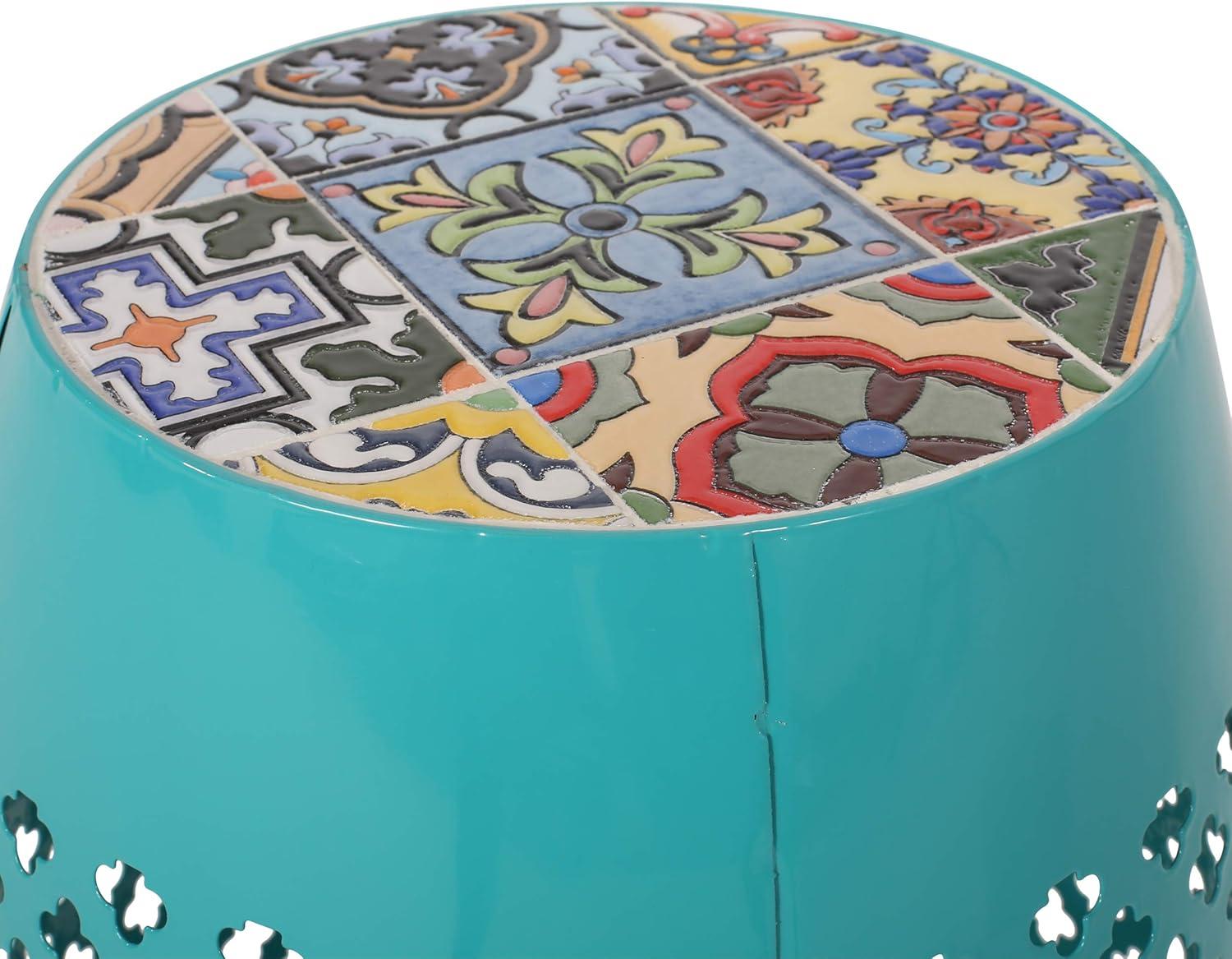 GDF Studio Kalyse Outdoor Lace Cut Side Table with Tile Top, Dark Blue and Multicolored