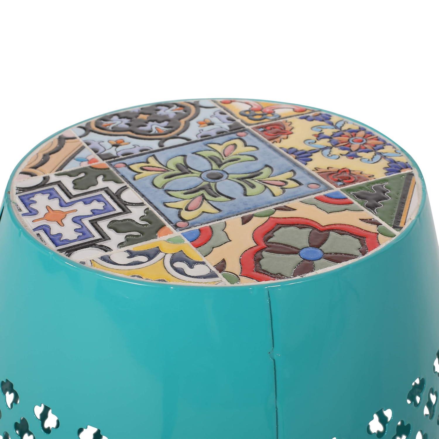 GDF Studio Kalyse Outdoor Lace Cut Side Table with Tile Top, Dark Blue and Multicolored