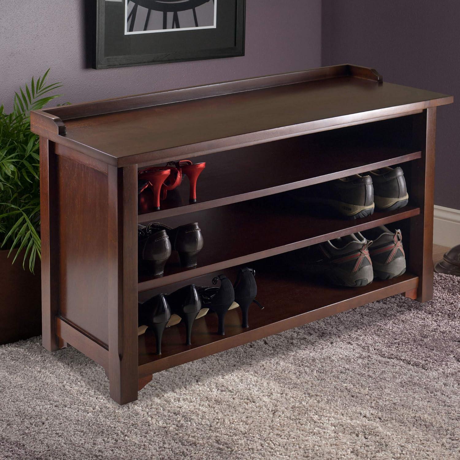 Dayton Entry Storage Bench - Winsome: Antique Walnut Finish, 3 Shelves, Solid Wood