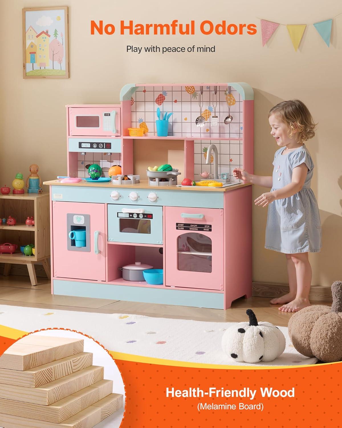 VEVOR Play Kitchen for Kids, Wooden Toy Kitchen Set with Lights and Sounds, Toddler Kitchen with Ice Maker, Oven, Sink, Microwaves, Fridge and Utensil and Fruit Accessory for Toddlers ages 3-8, Pink