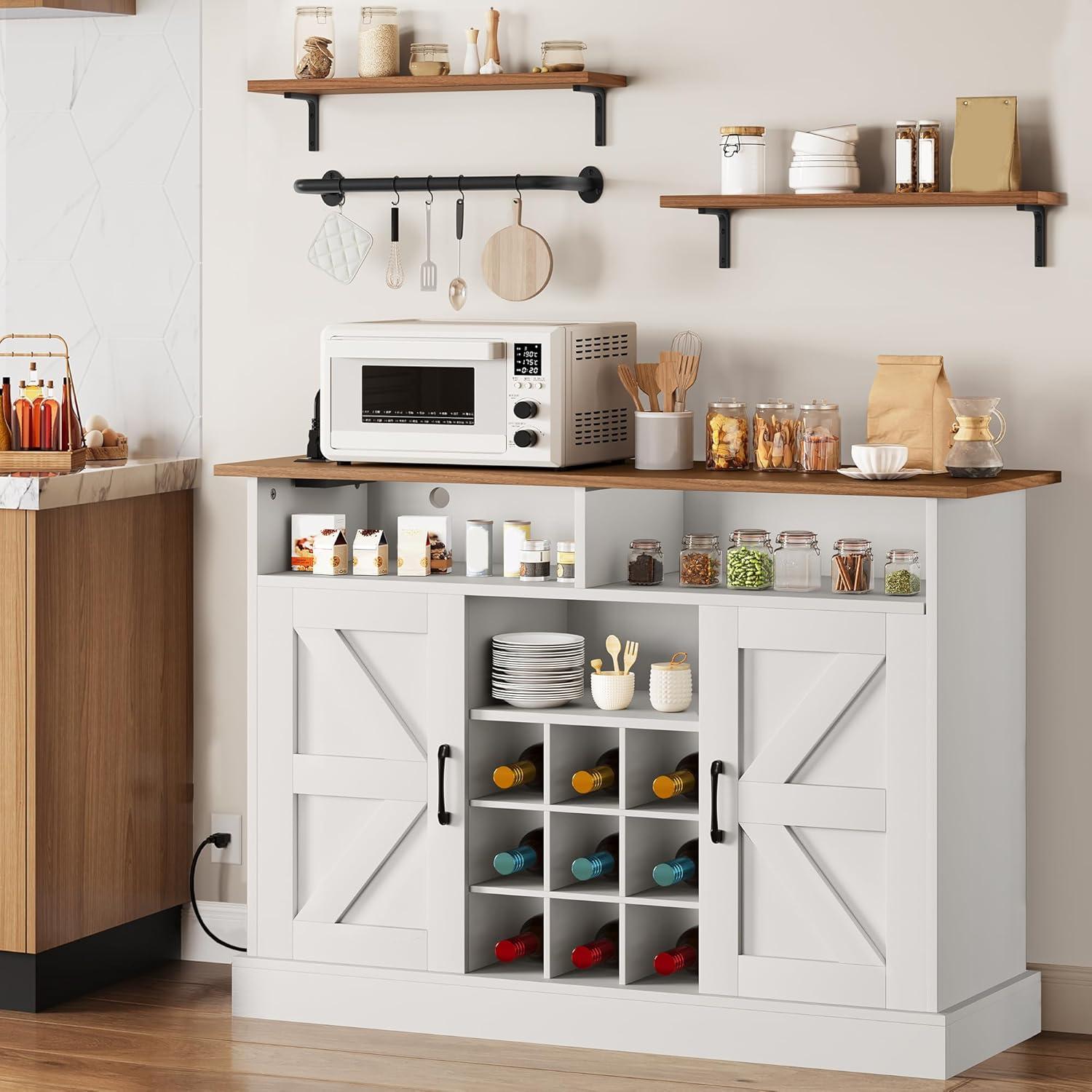 YITAHOME Farmhouse Sideboard Buffet Cabinet with Floating Shelves, 47" Coffee Bar Cabinet with 2 Barn Doors & Power Outlet, Storage Cabinet for Kitchen, Living Room (White)