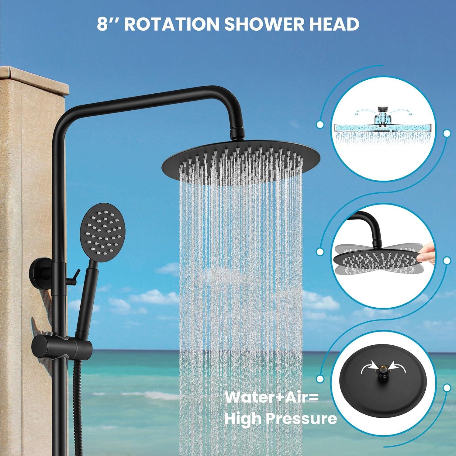 gotonovo SUS304 Outdoor Shower Fixture High Pressure Shower System Wall Mount 2 Dual Function Single Handle Shower Kit with 8 Inch Shower Head and Handheld Spray Shower Faucet Combo, Matte Black