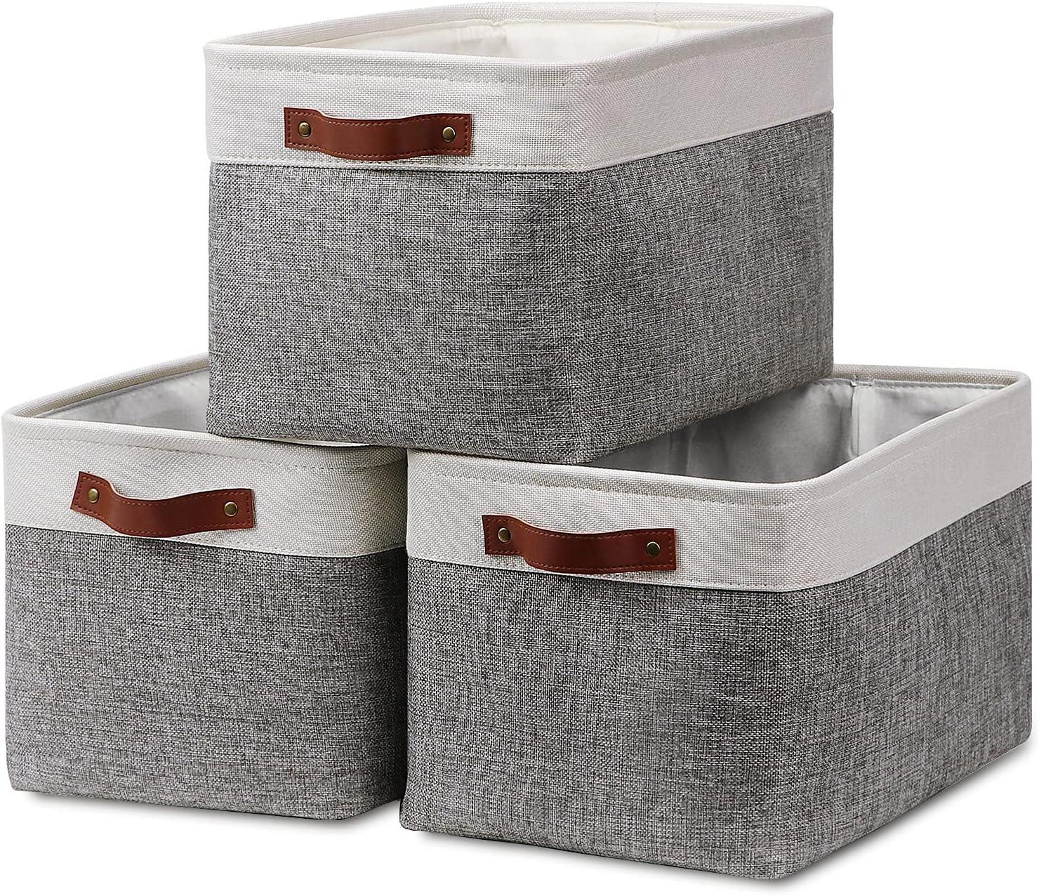 White and Gray Rectangular Fabric Storage Baskets with Faux Leather Handles, Set of 3