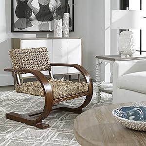 Rehema Natural Woven Banana Fiber and Solid Wood Accent Chair