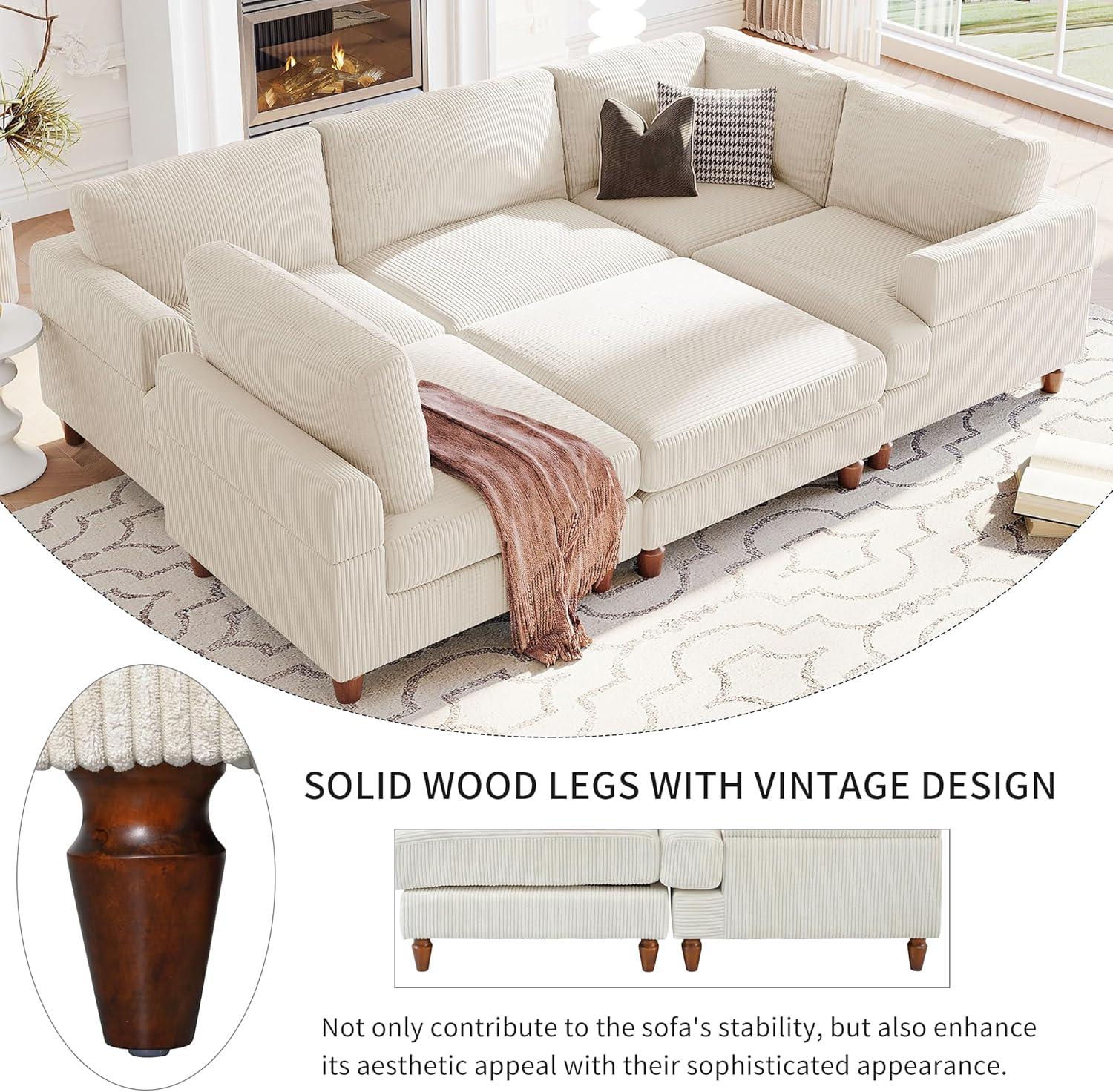 LUMISOL Large Corduroy Fabric Sofa Couch with Ottoman for Living Room, L Shaped Sectional Sofa Couch, 98" L Modular Corner Sectional Sofa for Spacious Space Office, Beige