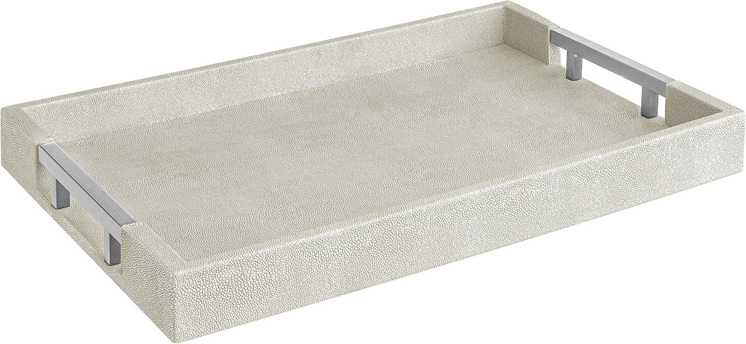 Home Redefined 18”x12” Rectangle Shagreen Faux Leather Decorative Serving Tray with Stainless Steel Metal Handles, Natural Ivory