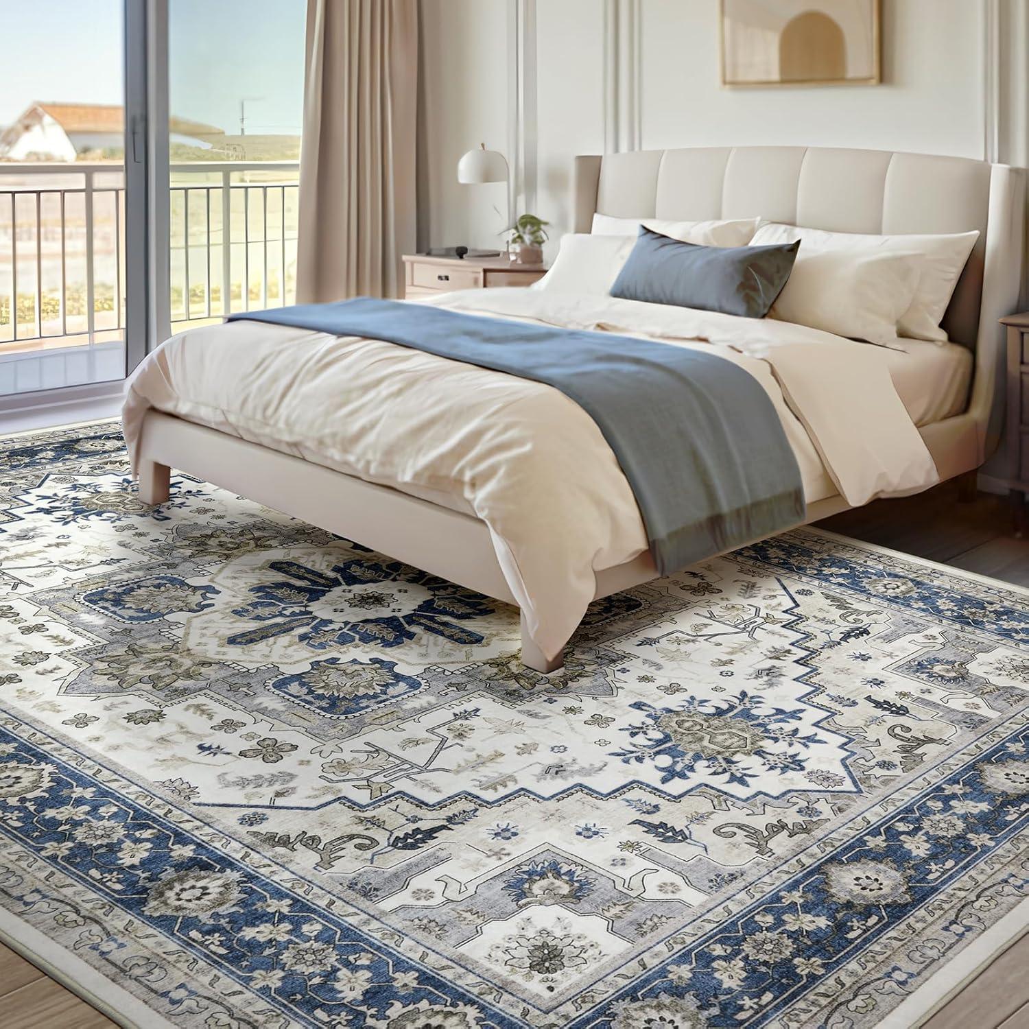 GlowSol 8x10 Floral Area Rug for Living Room Bedroom Retro Distressed Area Rug Traditional Medallion Non-Slip Low Pile Carpet Floor Decoration, Blue