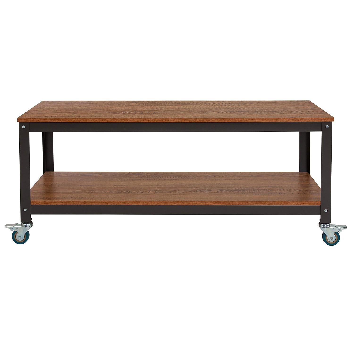 Flash Furniture Livingston Collection TV Stand in Brown Oak Wood Grain Finish with Metal Wheels