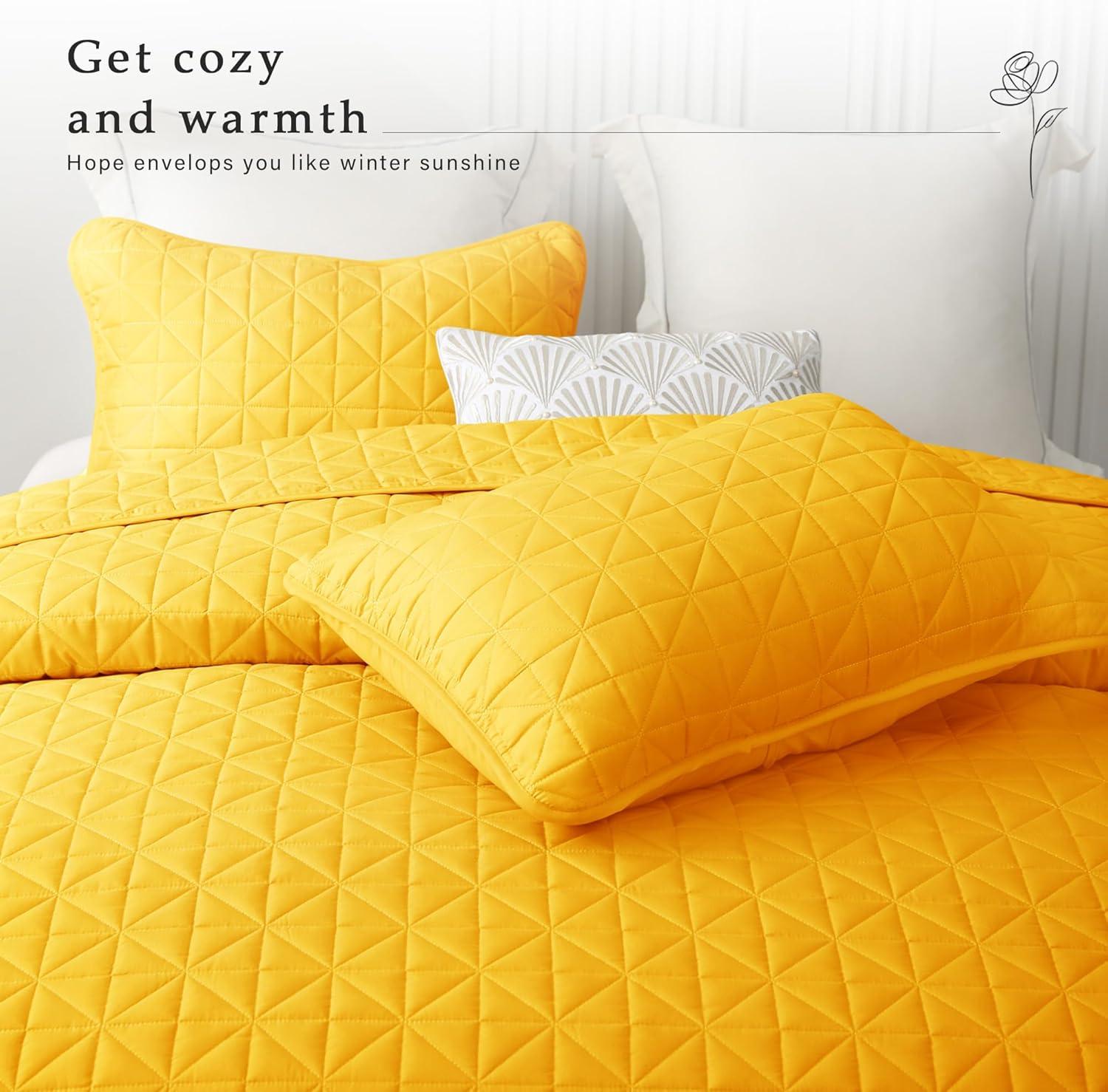 Exclusivo Mezcla Bed Quilt Set Queen Size for All Seasons, Stitched Pattern Quilted Bedspread/ Bedding Set/ Coverlet with 2 Pillow shams, Lightweight and Soft, Yellow