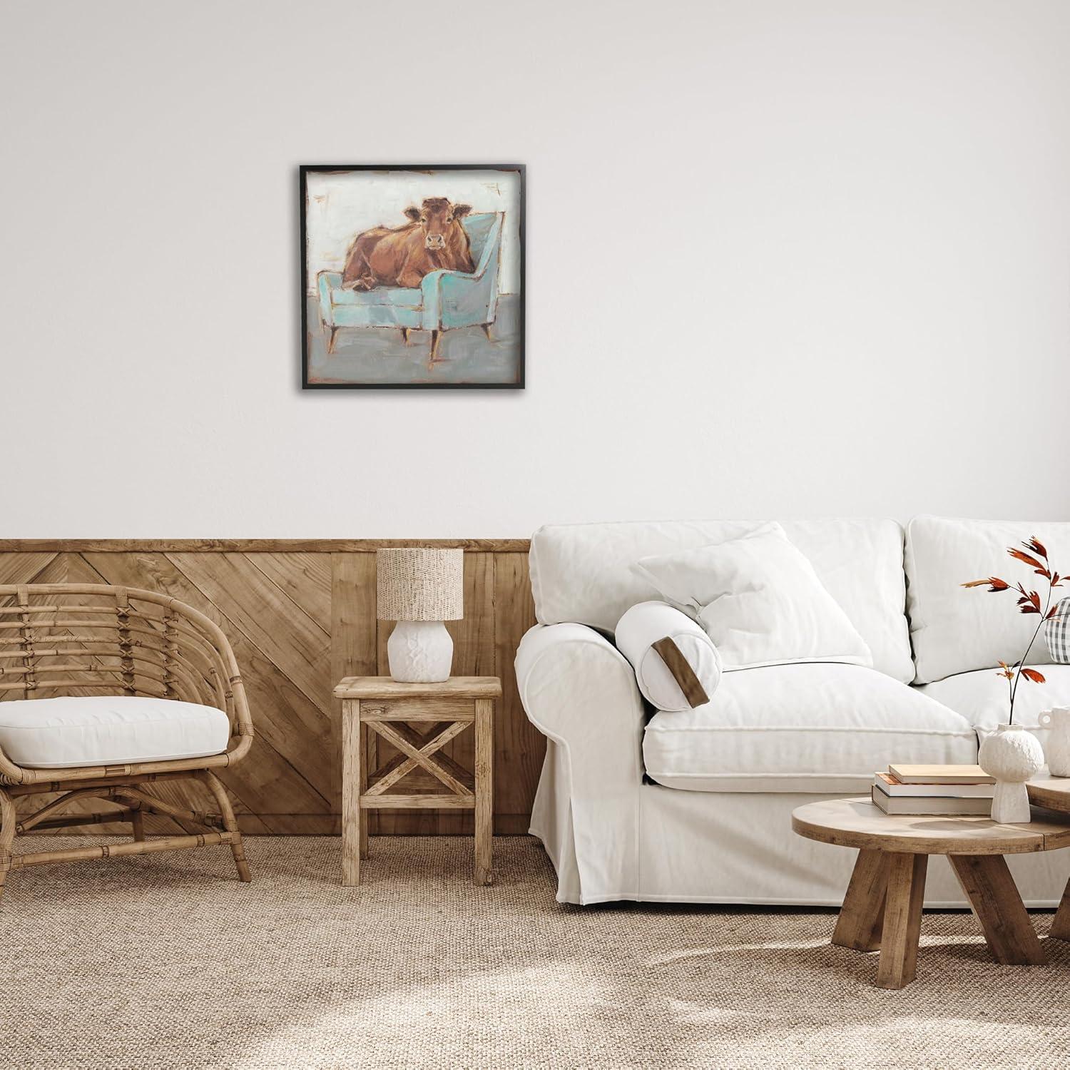 Stupell Industries Brown Bull on a Blue Couch Neutral Color Painting, 24 x 24,Design by Ethan Harper