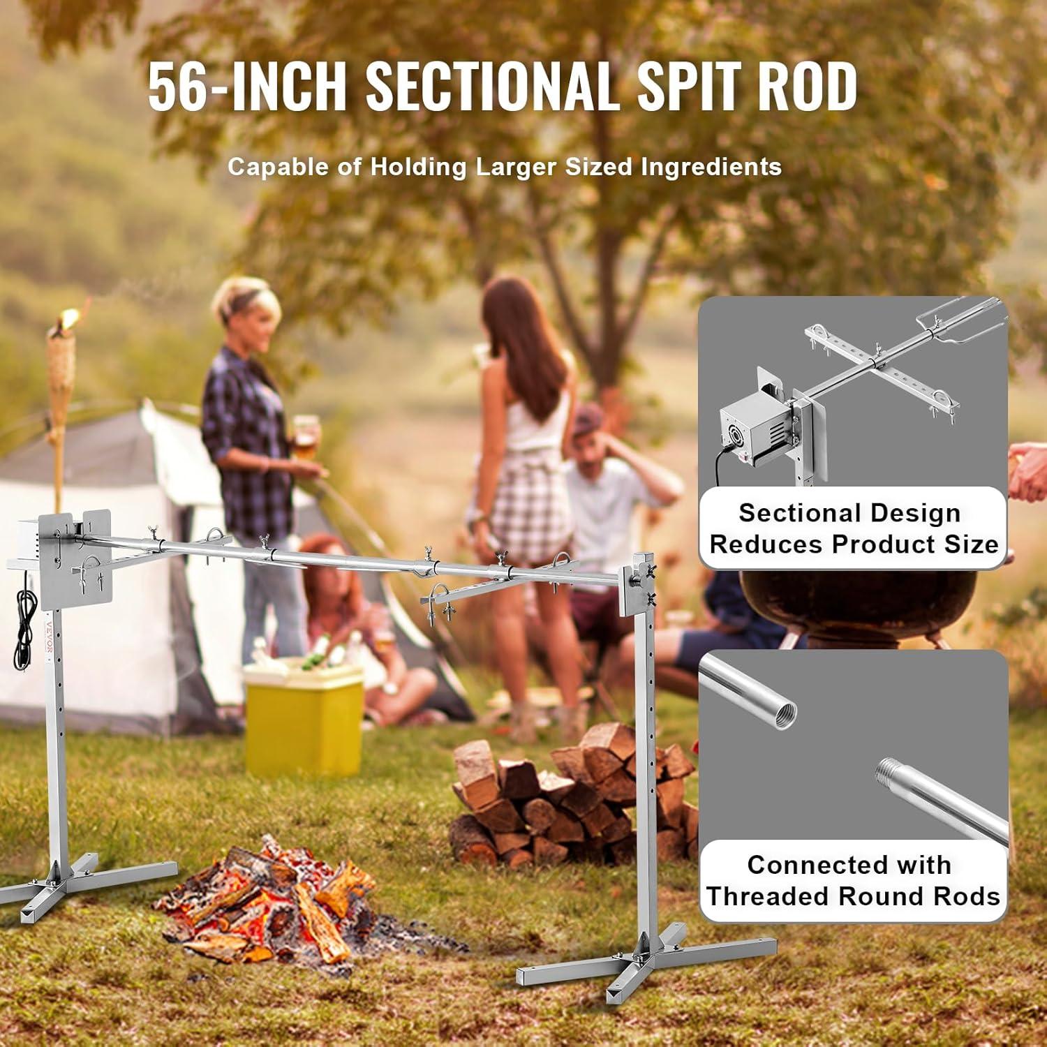 Electric BBQ Rotisserie Grill Kit, 132 lbs. Capacity, 56 in., 52W Motor, Stainless Steel, Spit Rod for Pig, Lamb