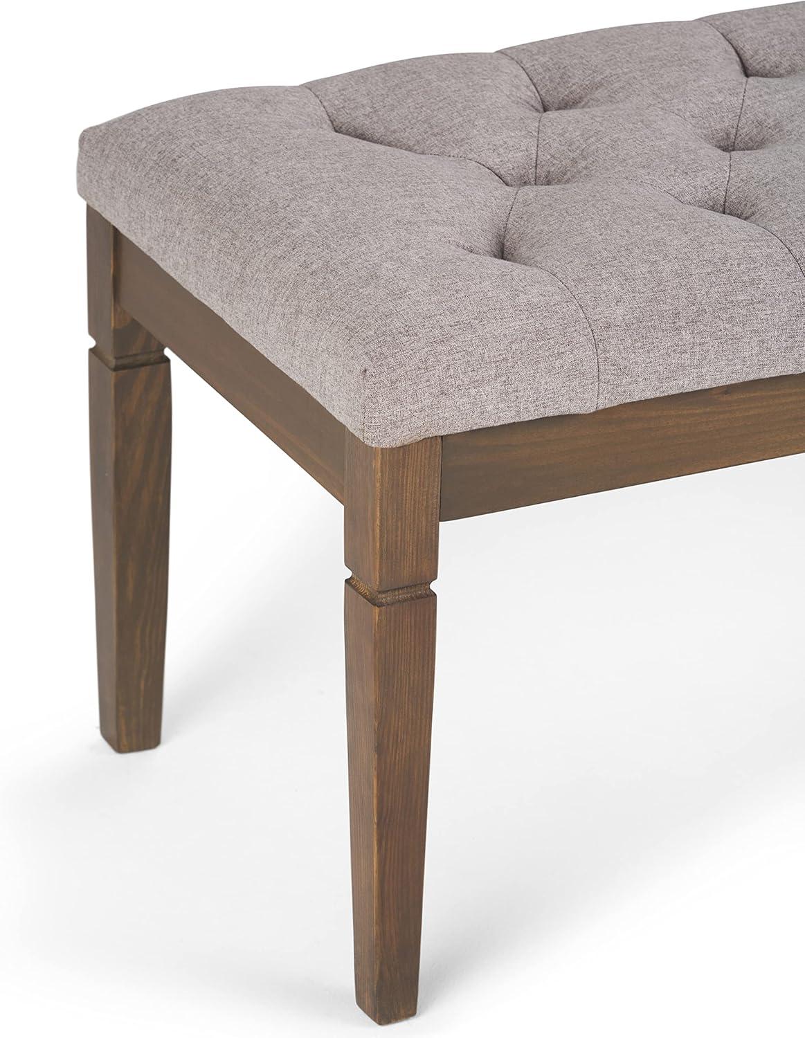 Cloud Grey Linen Tufted Ottoman Bench with Wood Legs