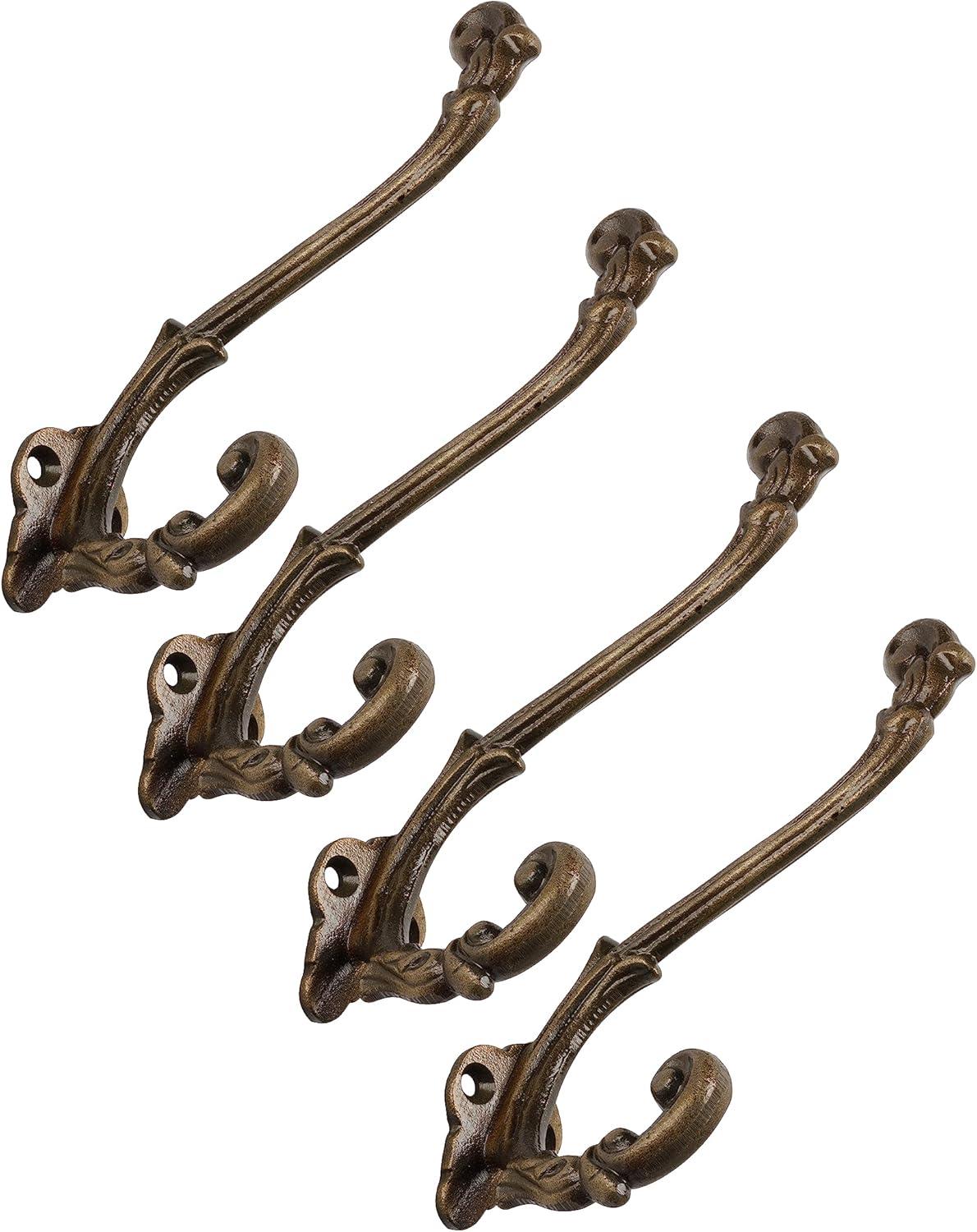 CRAFTSMAN ROAD Vintage Cast Iron Wall Hooks (Antique Brass Finish, Set of 4) - Rustic, Farmhouse, French Country Coat Hooks | Great for Coats, Bags, Towels, Hats | French Slender