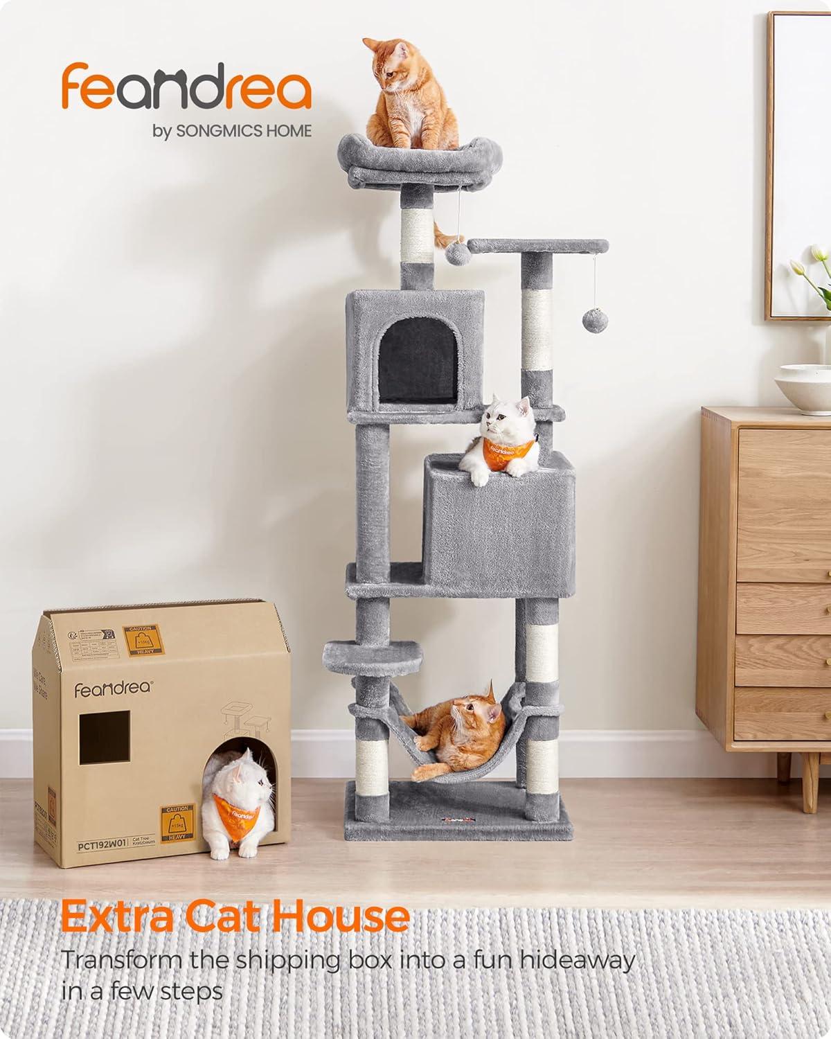 Feandrea 61"H Cat Tree Cat Tower for Indoor Cats, Plush Multi-Level Cat Condo with Scratching Posts, Perches, Caves, Hammock, Light Gray