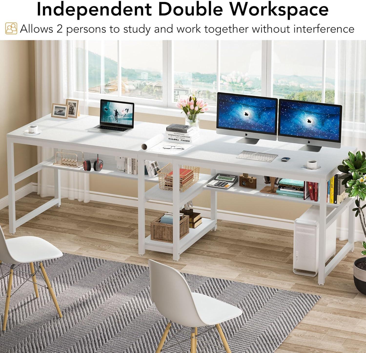 Tribesigns Two Person Desk with Bookshelf, 78.7 Computer Office Double Desk, Writing Desk Workstation with Shelf for Home Office