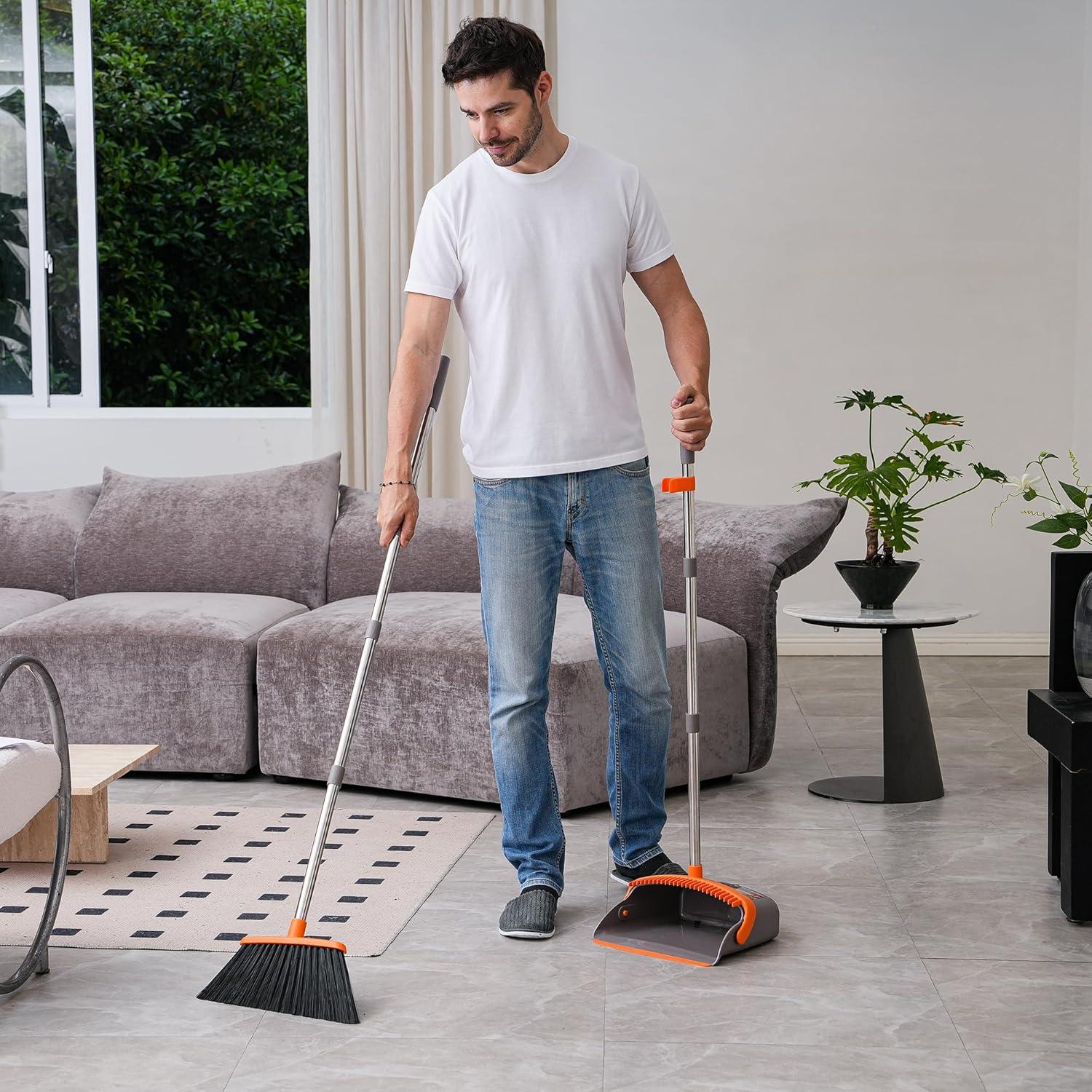 Adjustable Stainless Steel Broom and Dustpan Set with Orange Handle