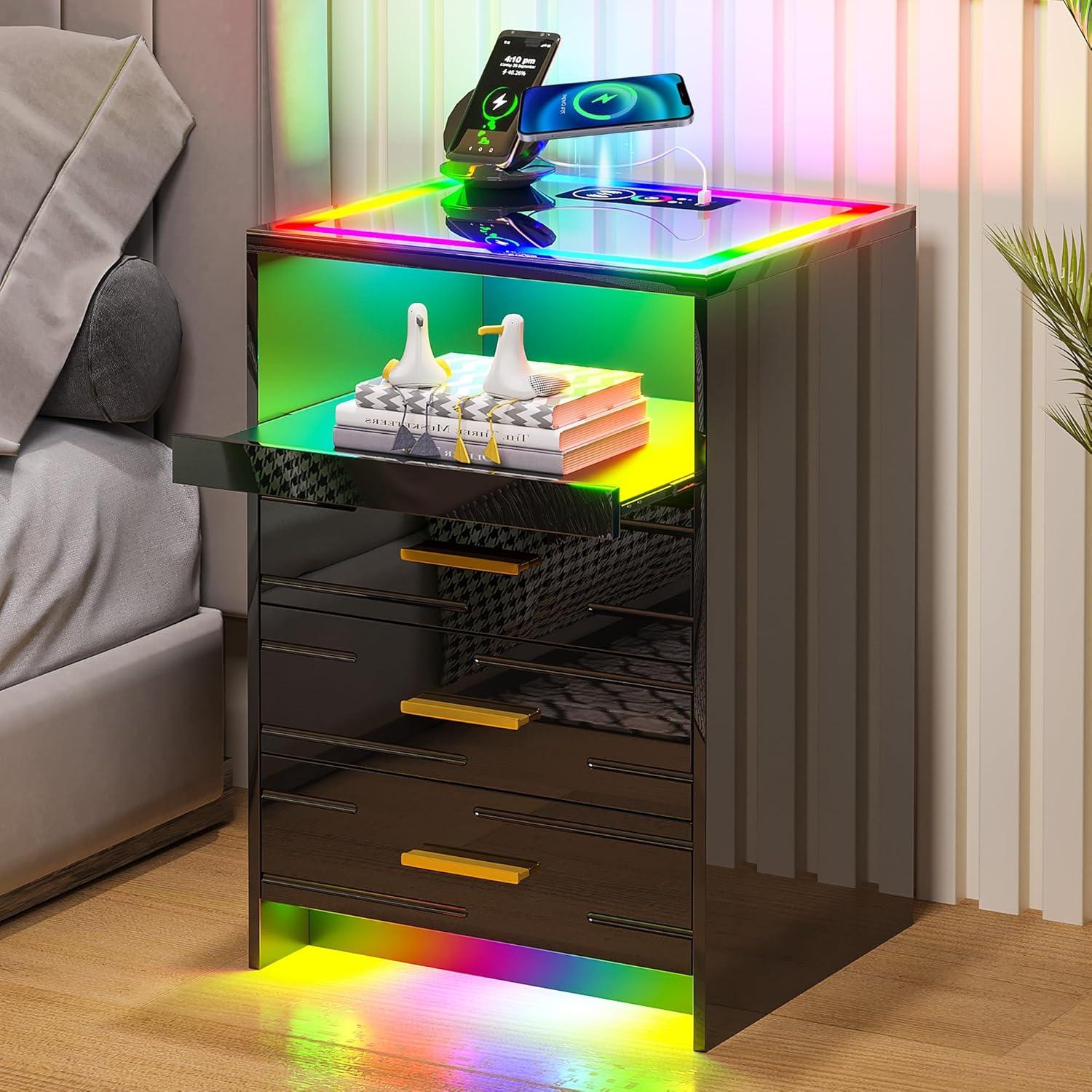 White High Gloss LED Nightstand with Wireless Charging and 3 Drawers