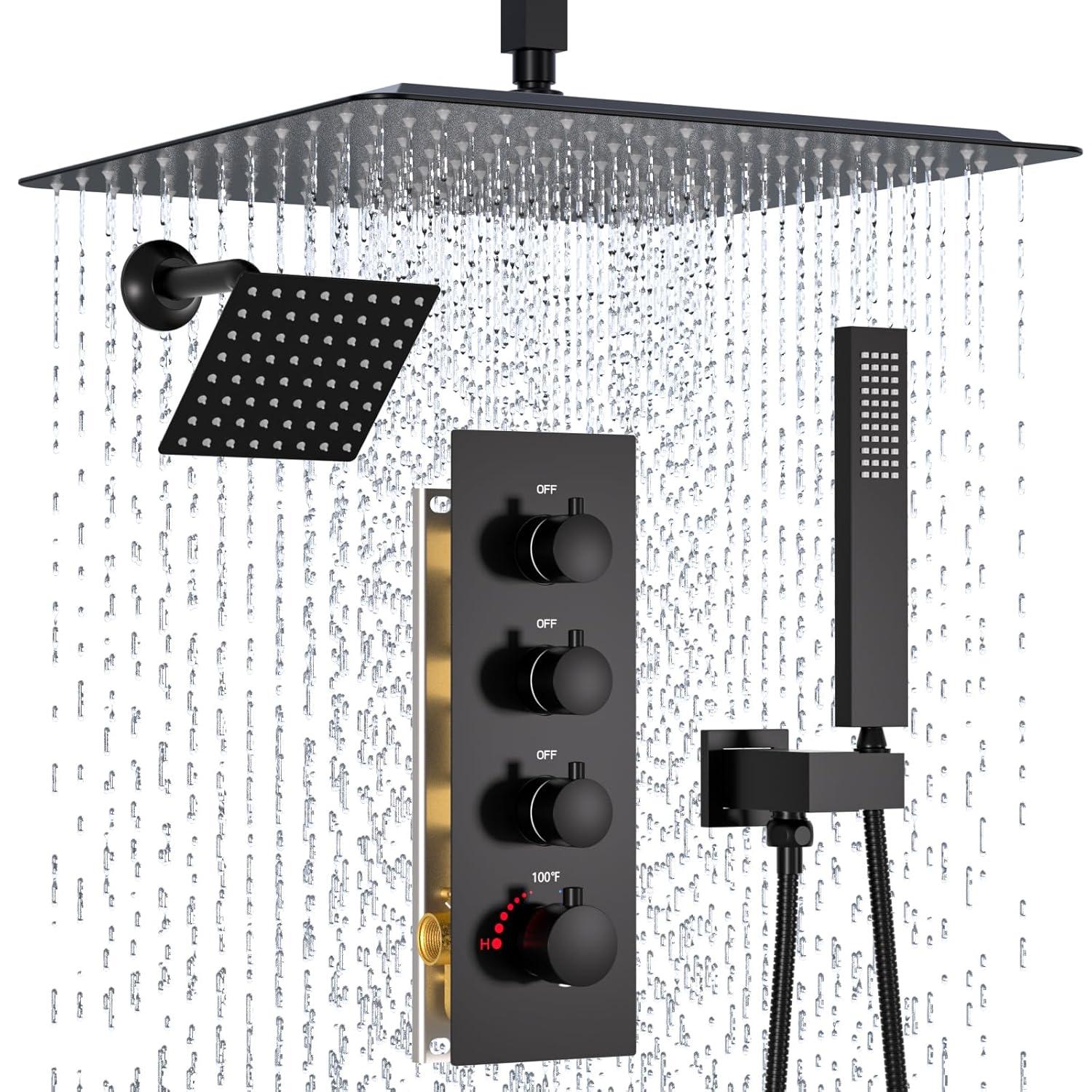 GRANDJOY 16 inch Complete Dual Shower Head System, Celling Mounted Shower Faucet Set with Hand Shower Head, Rough in-Valve, 6 Massage Body Jets - Matte Black