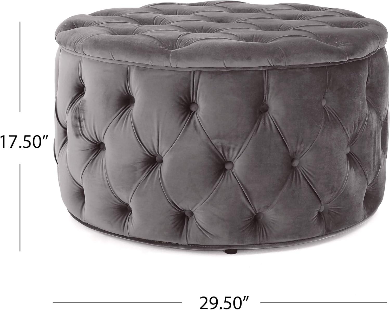 GDF Studio Howell Modern Glam Velvet Tufted Circular Ottoman, Gray