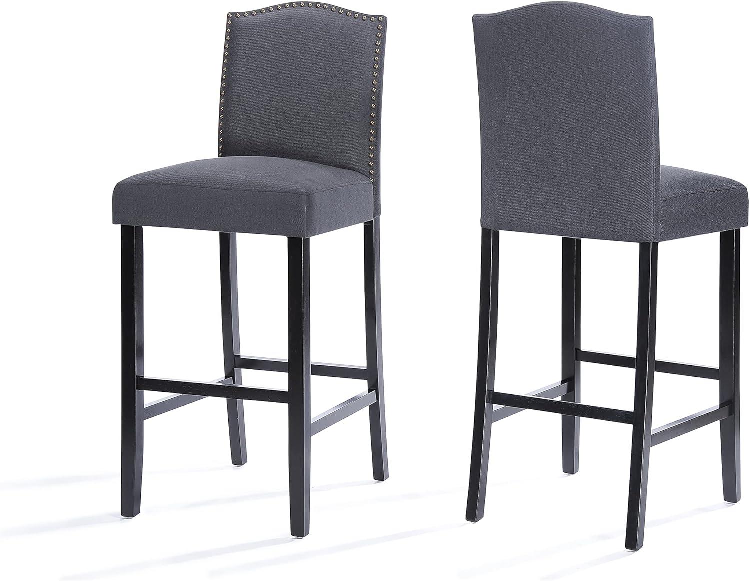 Dark Charcoal and Walnut Upholstered Barstools with Nailhead Trim, Set of 2