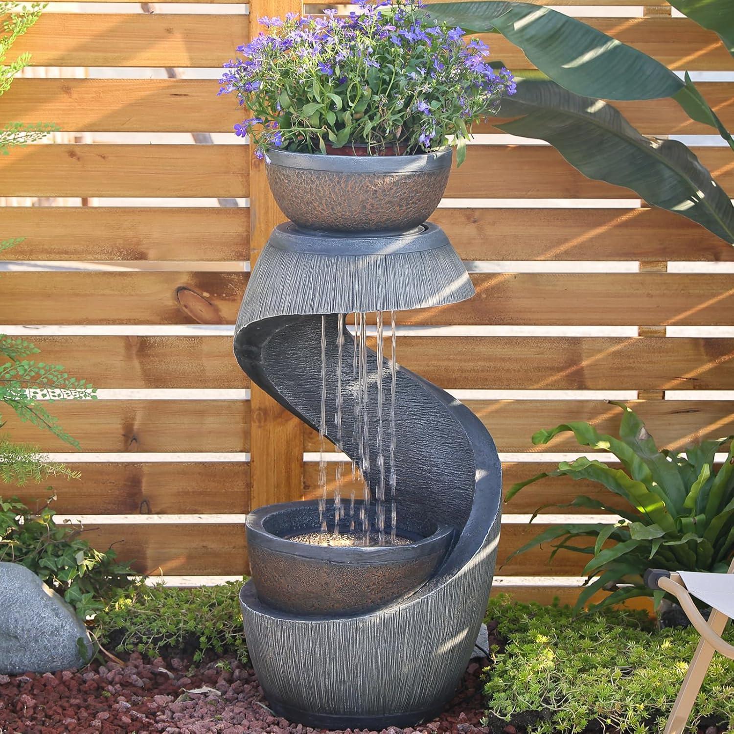 Outdoor Water Fountain Modern Curved Waterfall S-Shaped Freestanding Fountain with Bowl Planter for Patio Deck Garden Yard Home Decor