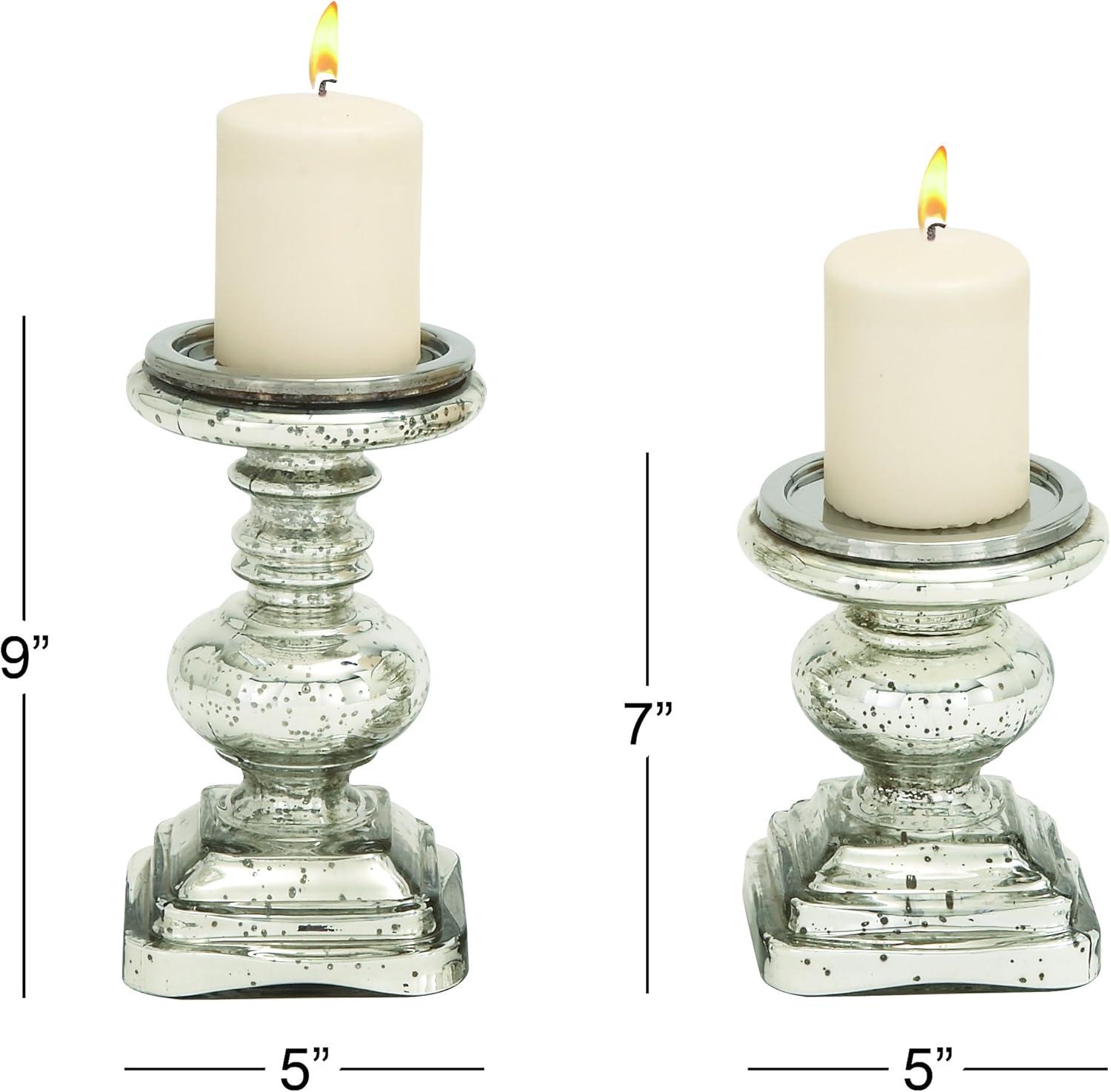 Elegant Silver Mercury Glass Pillar Candle Holder Set, 9" & 7"H