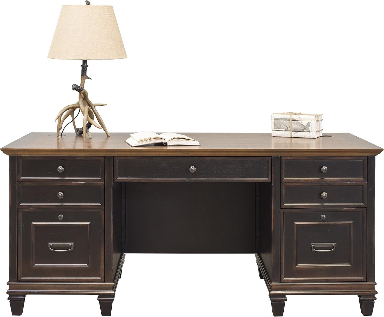 Hartford Executive Home Office Desk with Hutch, Black and Brown