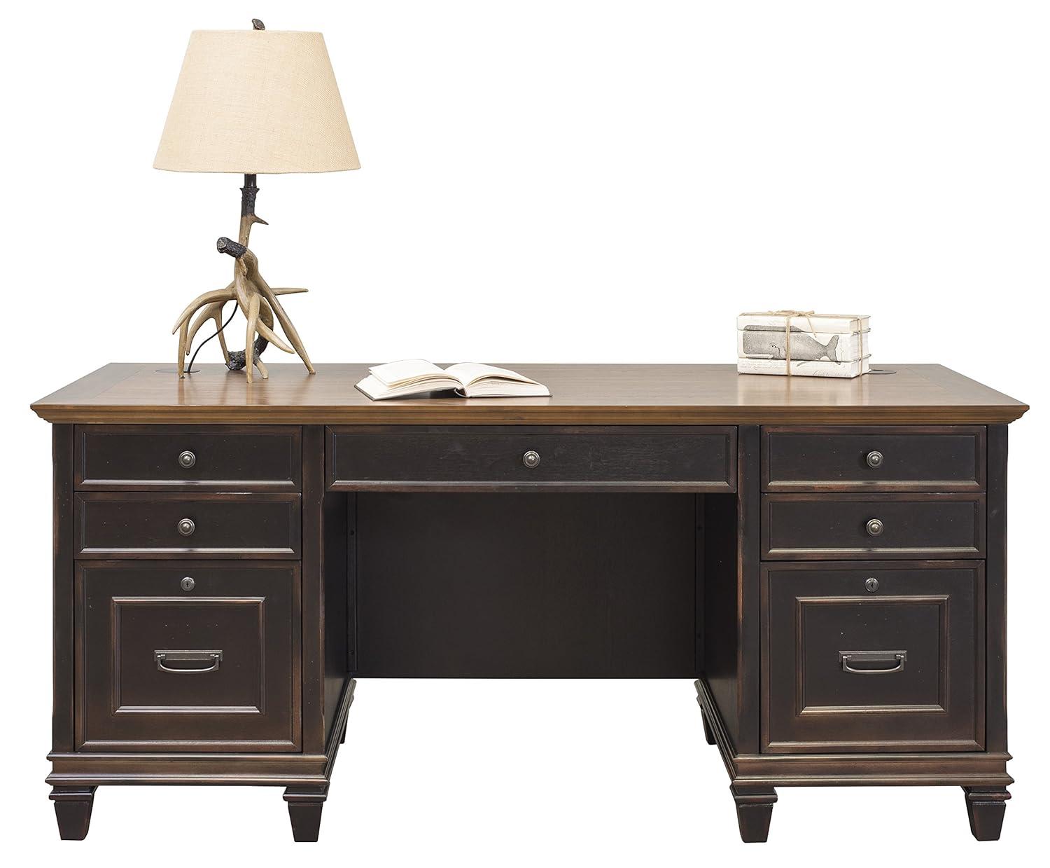 Hartford Executive Home Office Desk with Hutch, Black and Brown