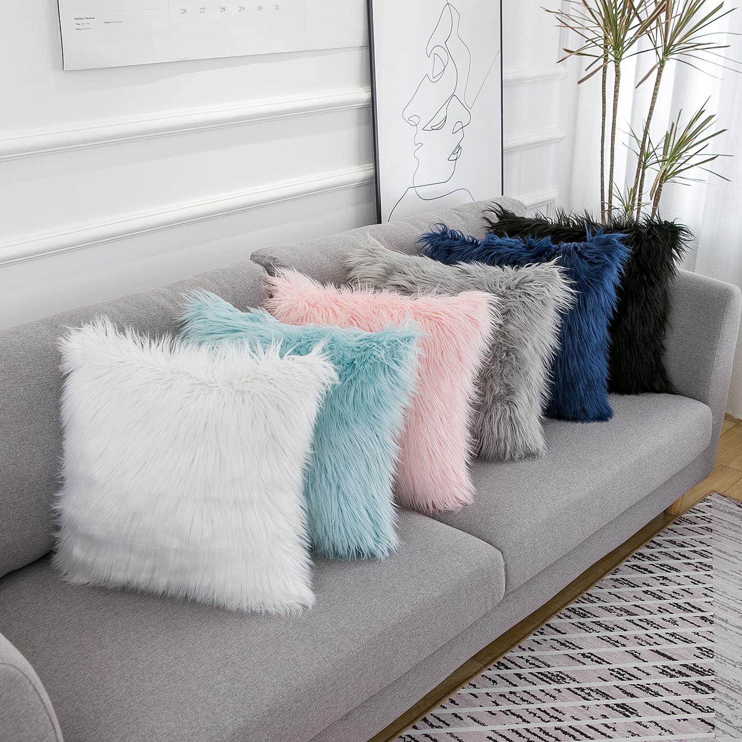 Set of 2 Fluffy Pillow Covers New Luxury Series Merino Style Blush Faux Fur Decorative Throw Pillow Covers Square Fuzzy Cushion Case 18x18 Inch