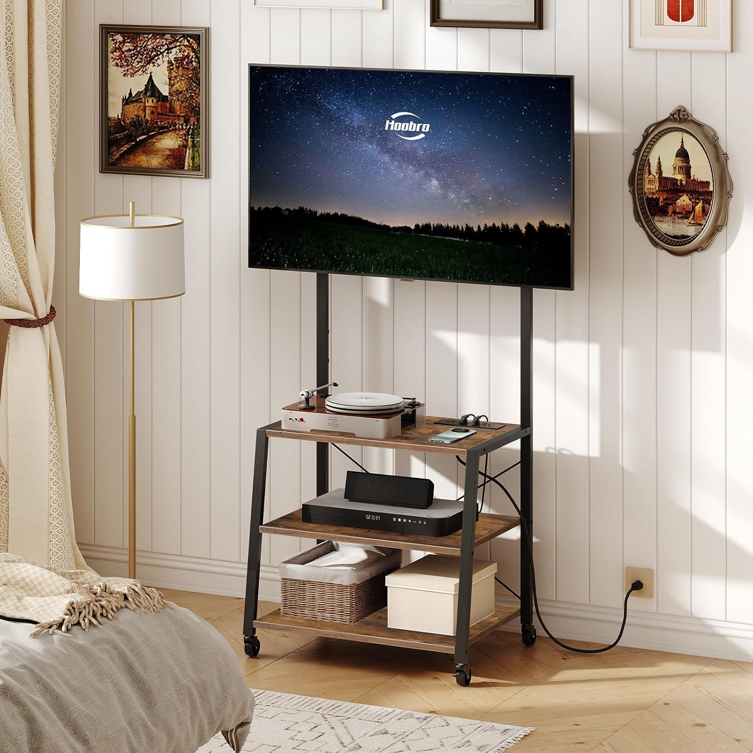 HOOBRO Rolling TV Stand with Mount and Power Outlet Up to 55 inch TV, Corner Entertainment Center, Small TV Stand with 3-Tier Storage Shelves for Living Room, Bedroom, Rustic Brown and Black BF66UDS01