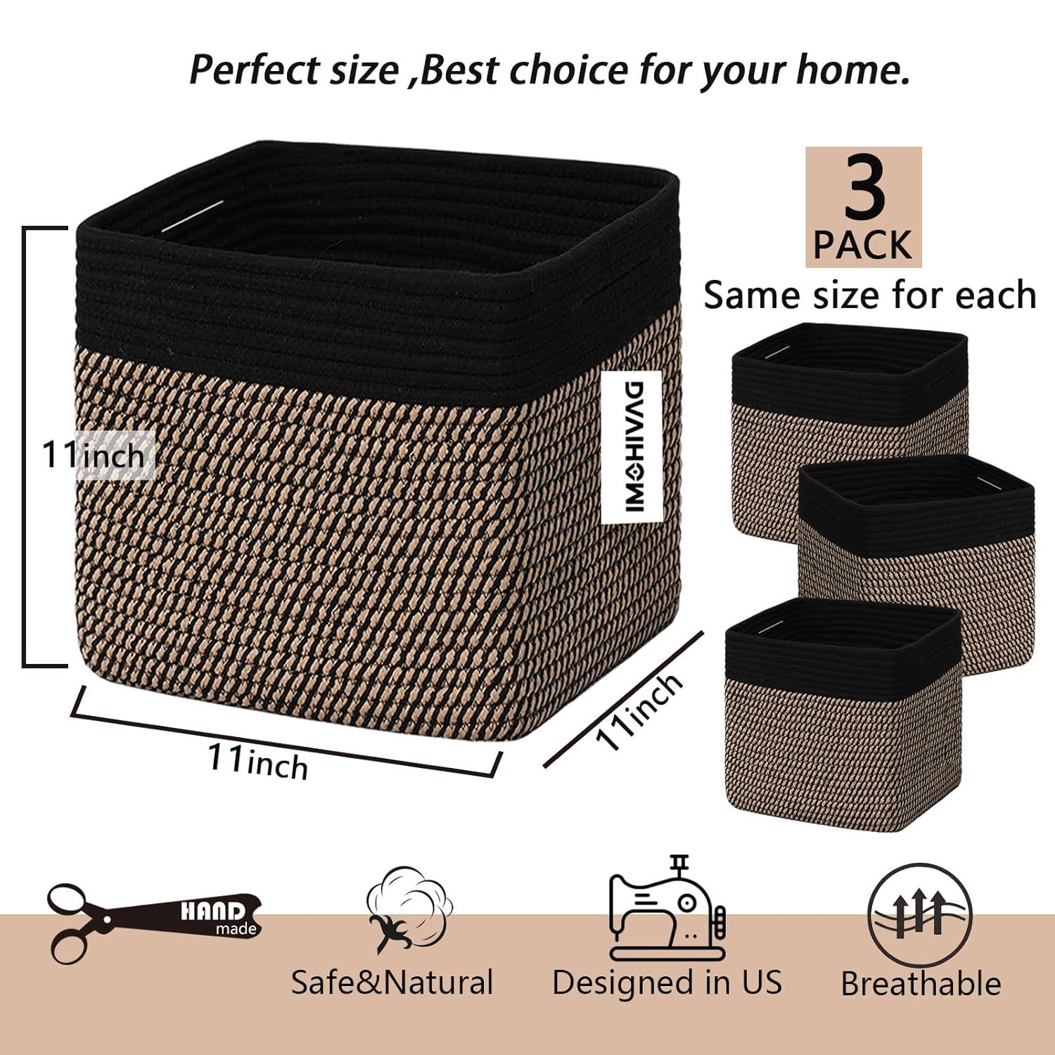 Storage Cube Baskets for Organizing-3 Pack - 11 inch Square Baskets for Cube Storage Closet Storage Bins- Woven Cube Storage Bins for Shelves- Cube Drawer-Toy Storage |White & Black