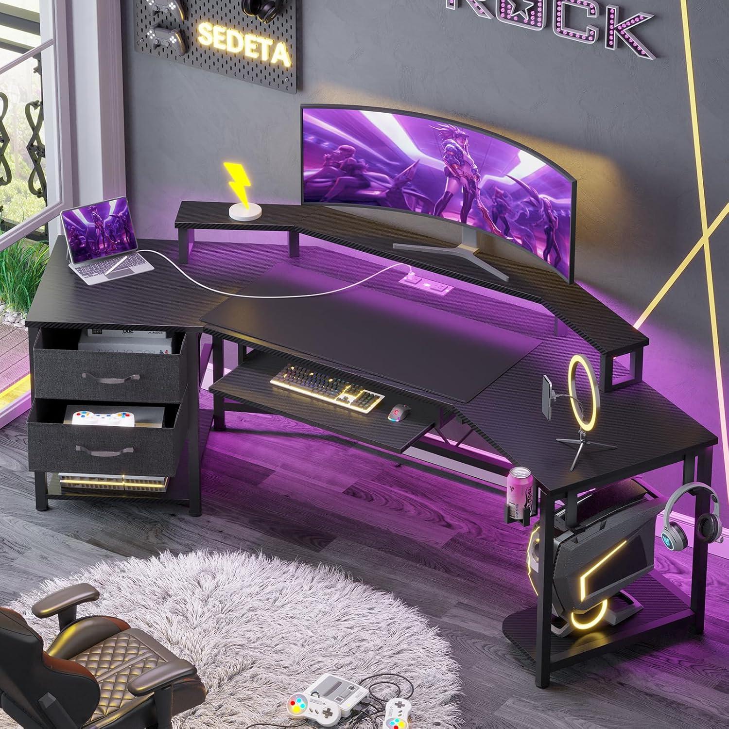 ADORNEVE Adult Collection Combat 2 Fabric Drawers and RGB LED Light Black Gaming Desk, Black
