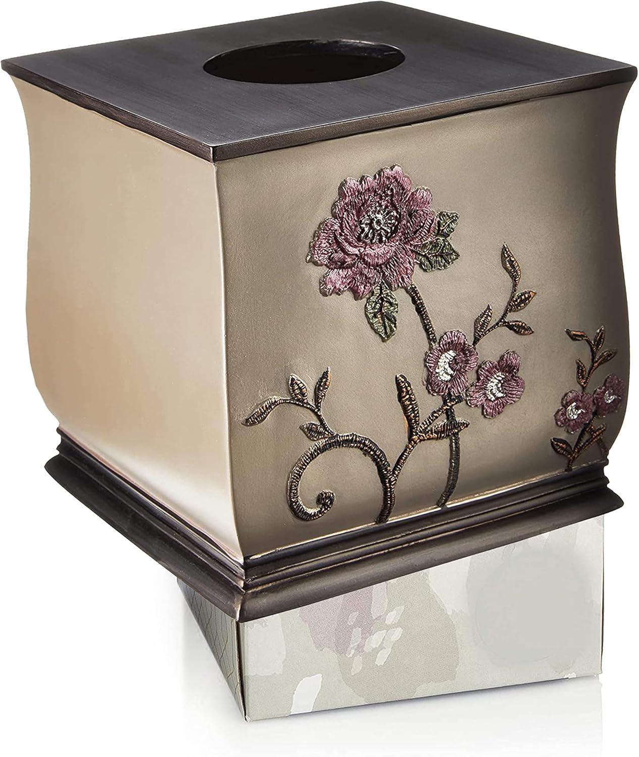 Larissa Brown Resin Tissue Box with Rose Design