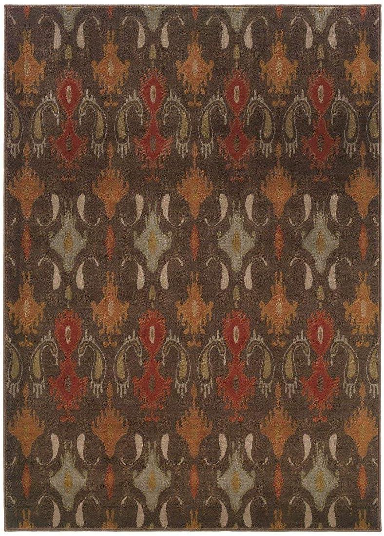 Ivory and Brown Ikat Print Synthetic Area Rug