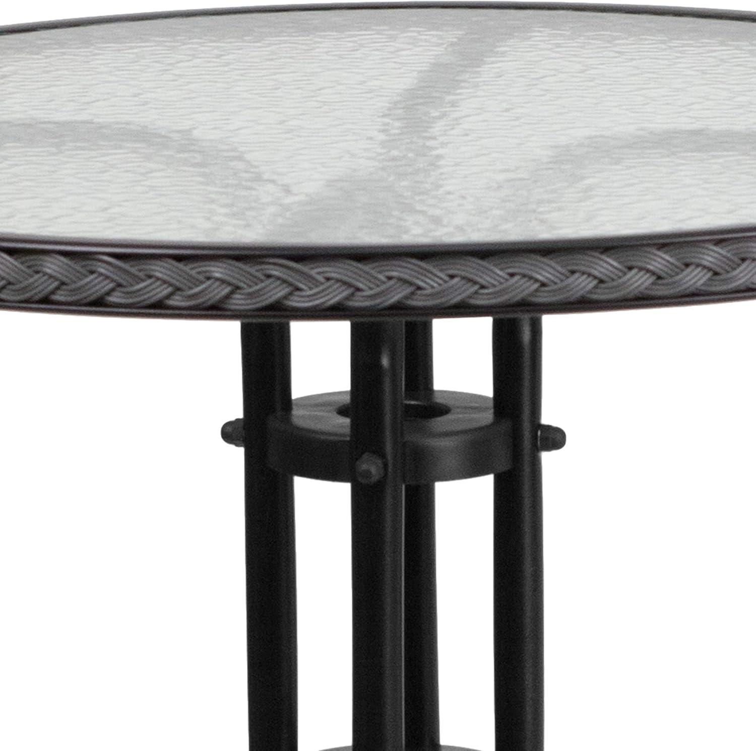 Flash Furniture Lila 28'' Round Glass Metal Table with Gray Rattan Edging and 2 Gray Rattan Stack Chairs