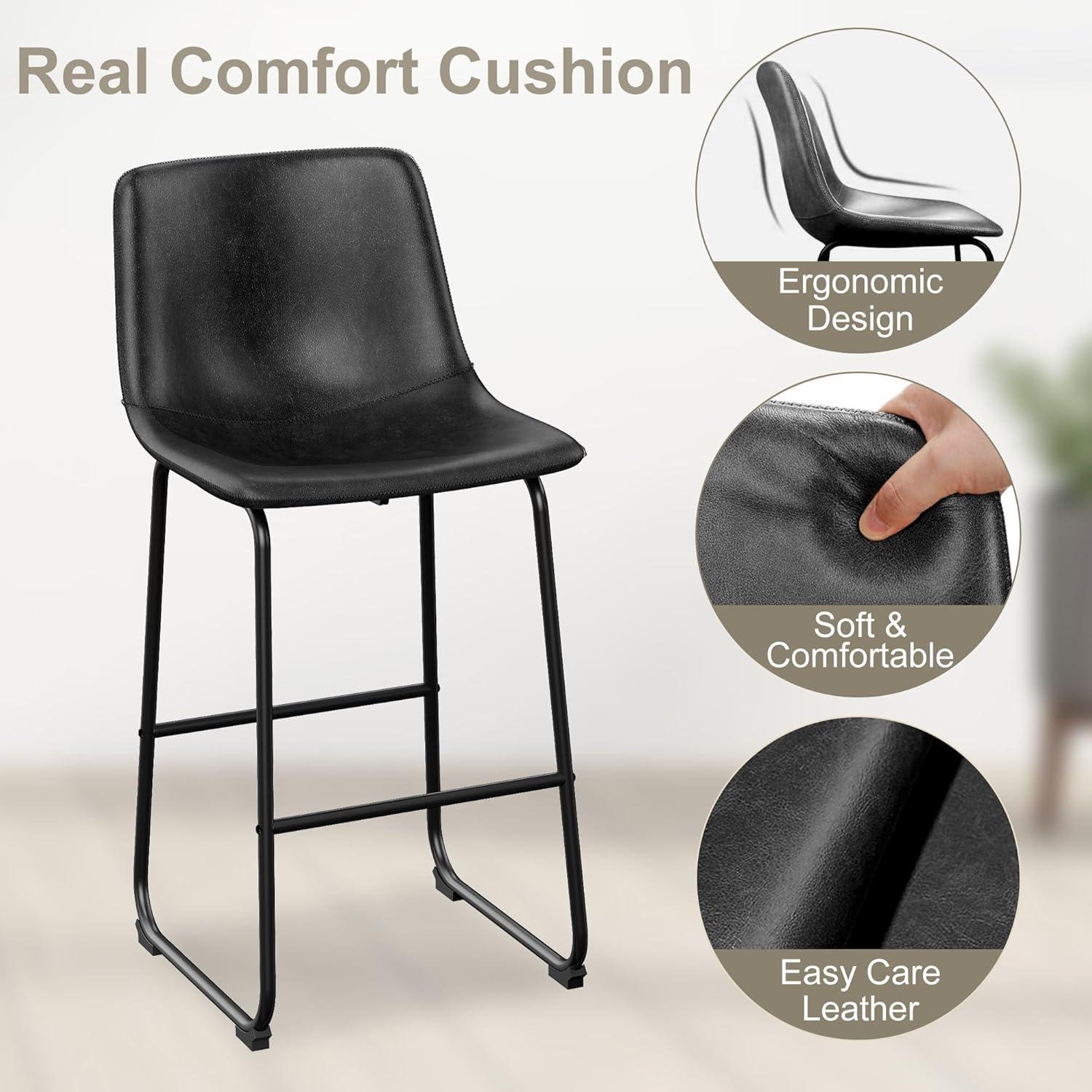 YaFiti Barstools 30'' PU Leather Counter Height Bar Stools Set of 4 with Back Modern Armless Chairs with Footrest and Metal Legs for Kitchen Living Room Pub, Black