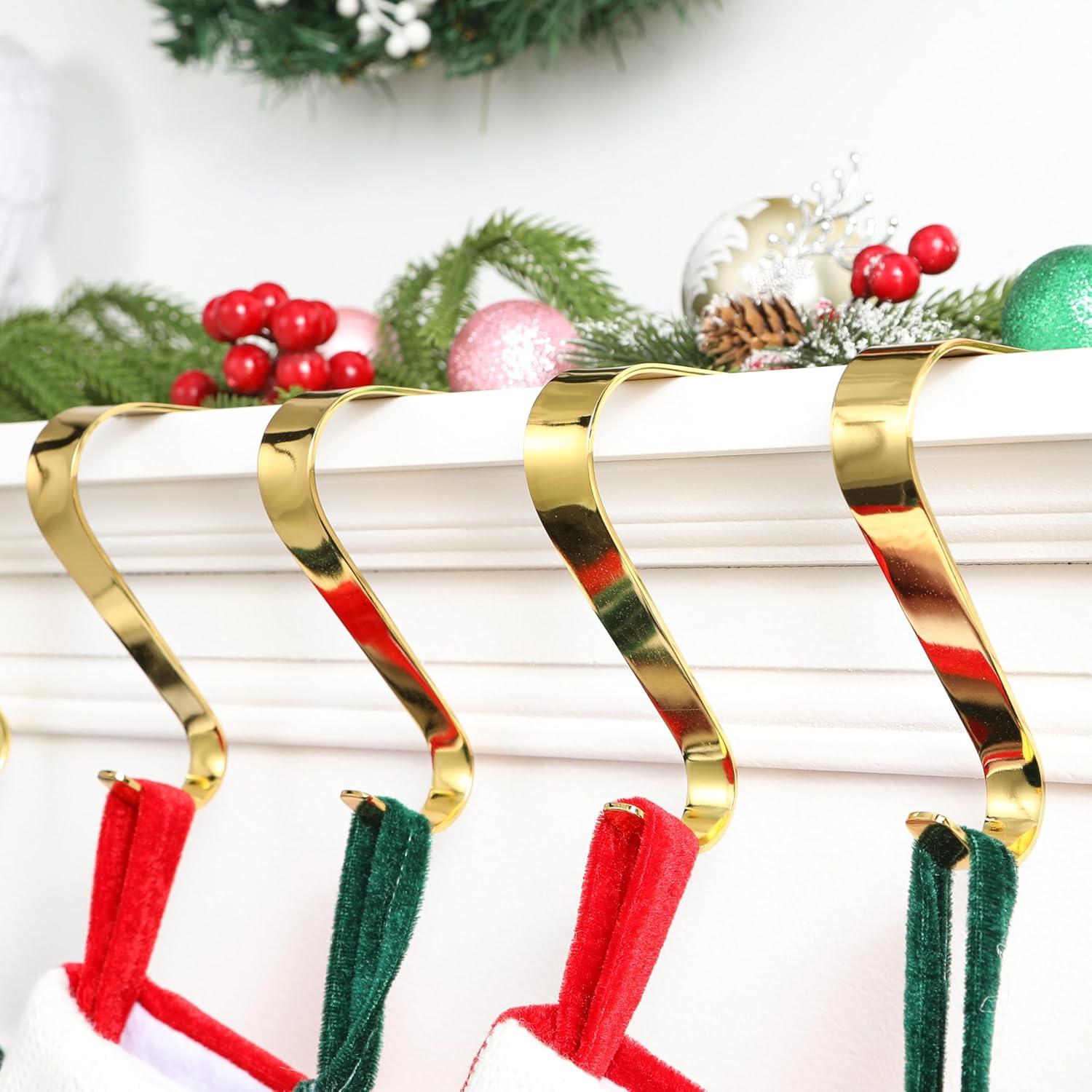 GUOOL 4 Pieces Stocking Holders Christmas Ornament Hooks Desktop Decor Xmas Hooks Metal Hanging Hooks for Christmas Tree Decoration Gold