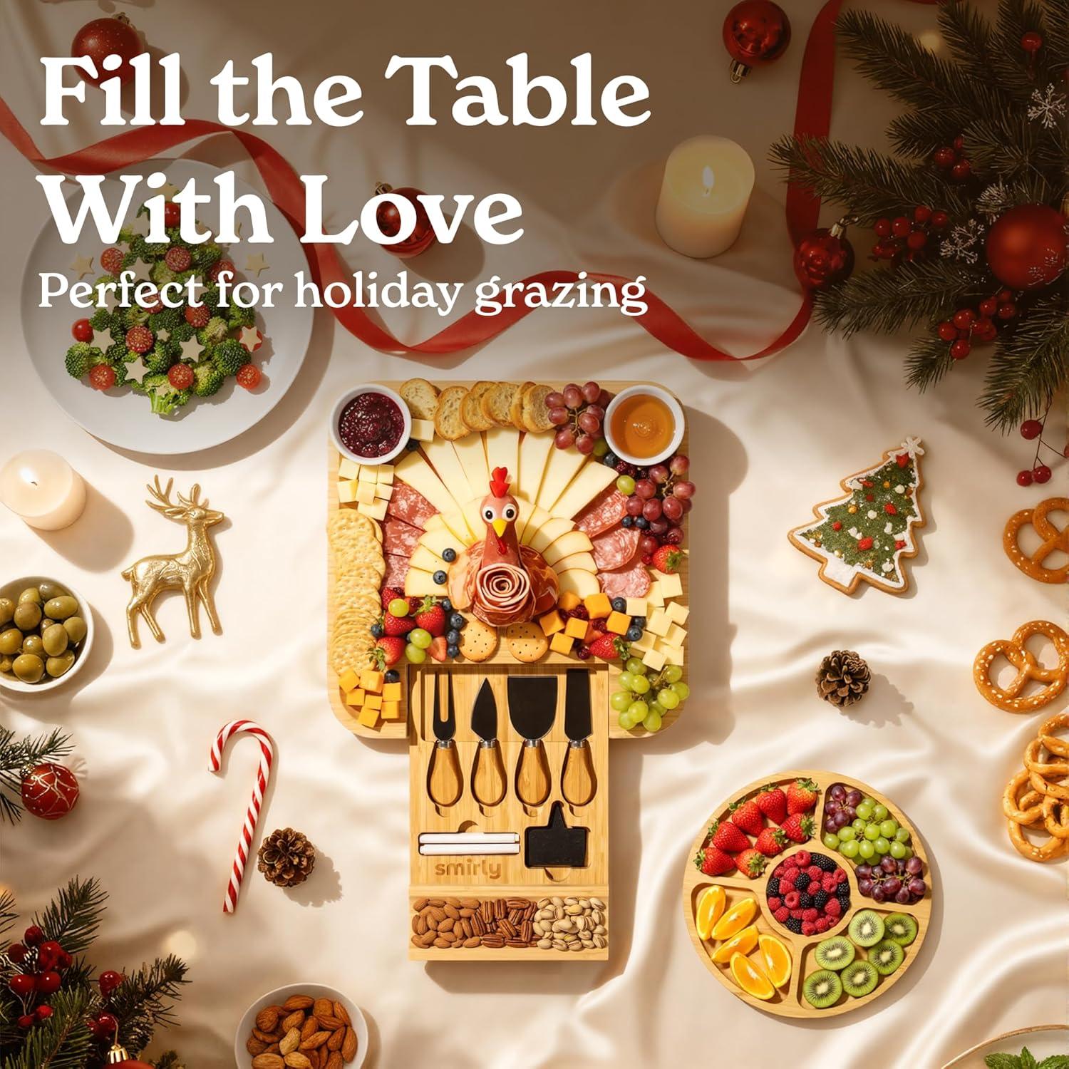 SMIRLY Charcuterie Board Set Large Bamboo Cheese Board with Fruit Tray & 2 Ceramic Bowls