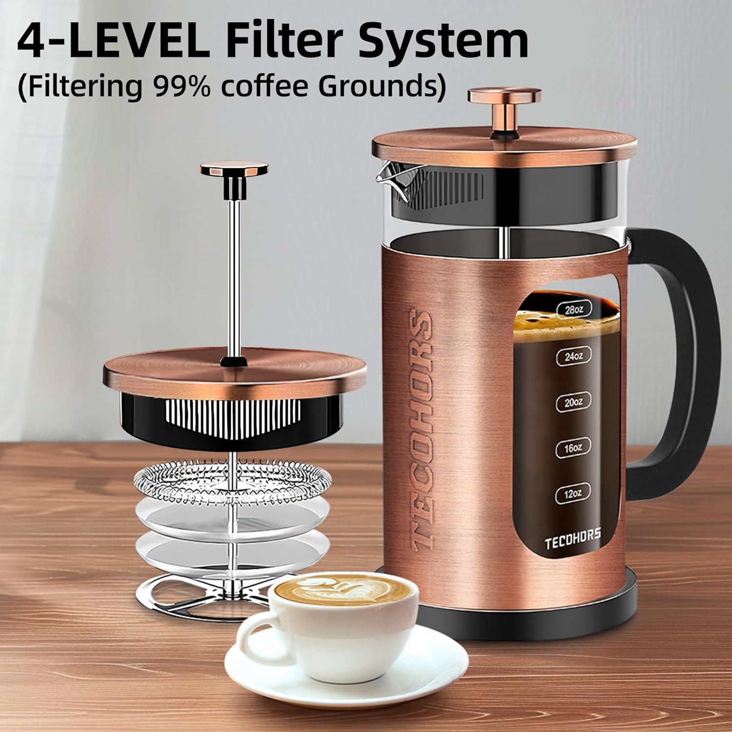 Copper and Glass 34oz French Press Coffee Maker with Stainless Steel Filters