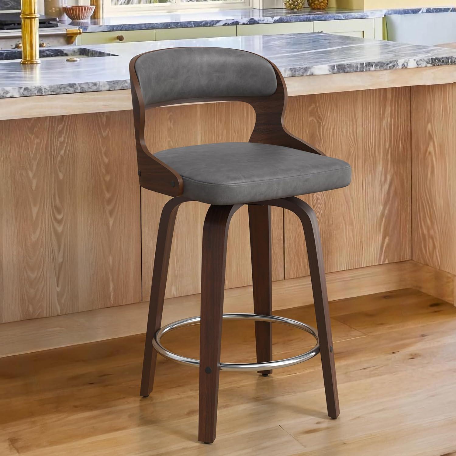 Gray Faux Leather and Walnut Wood Swivel Counter Stool