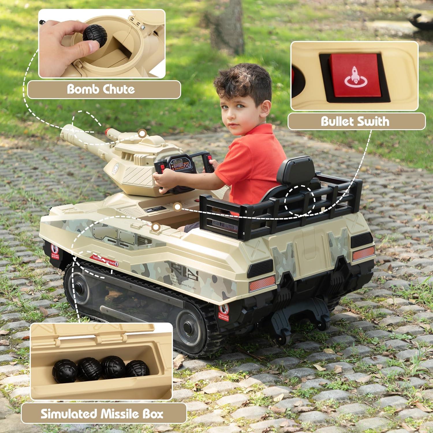 Jaxpety 24 V Kids Ride on Tank Car with Working Cannon and Rotating Turret for Boys and Girls Ages 3-8 Years, Yellow