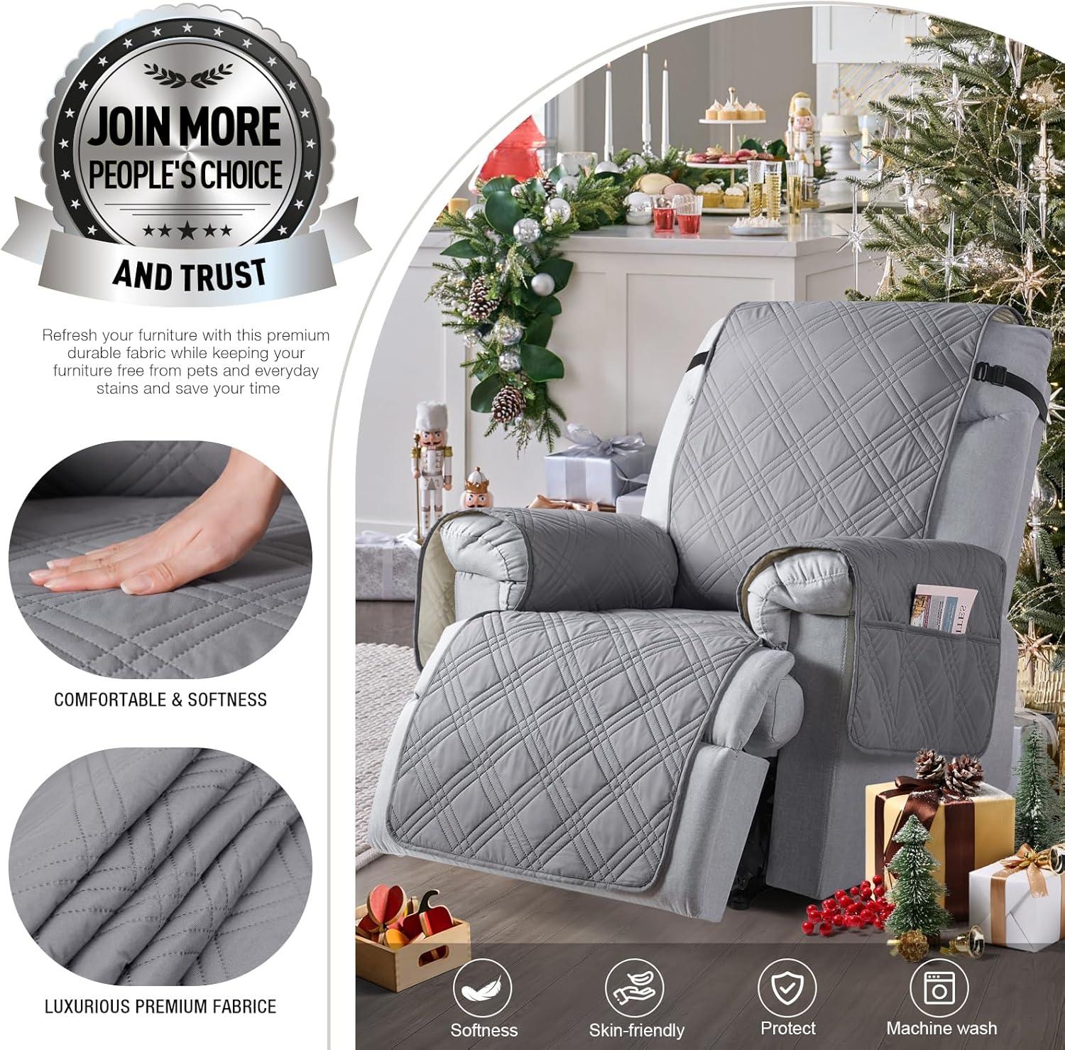 LASIEYO Waterproof Recliner Cover, Non Slip Recliner Cover with Pockets & Elastic Straps, Washable Sofa Covers for Recliners for Kids, Pets, 25.19*90.94'', Dark Gray