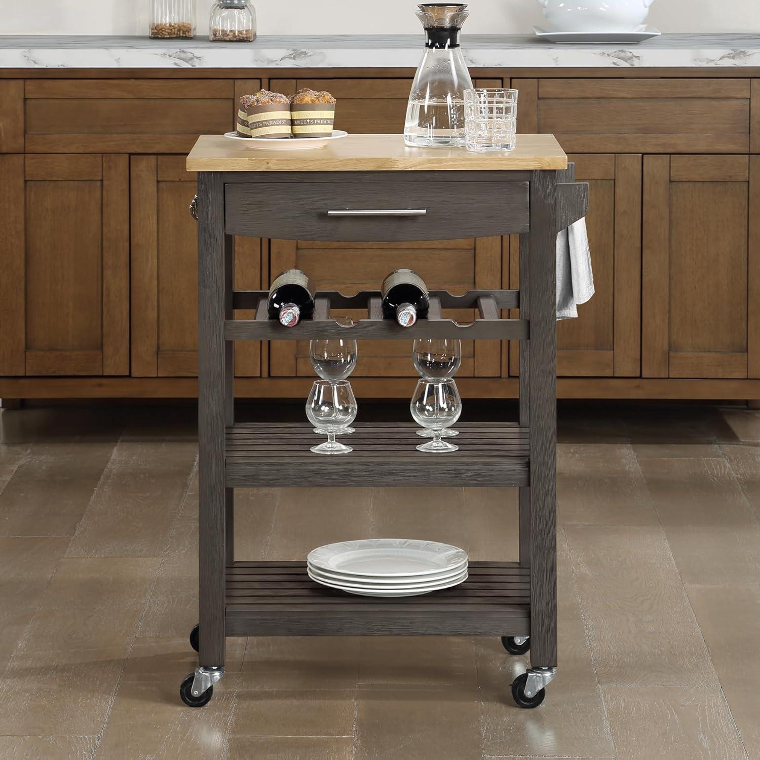 Ellaine 4 Tier Butcher Block Kitchen Cart with Drawer and Wine Rack, Wirebrush Dark Gray/Butcher Block