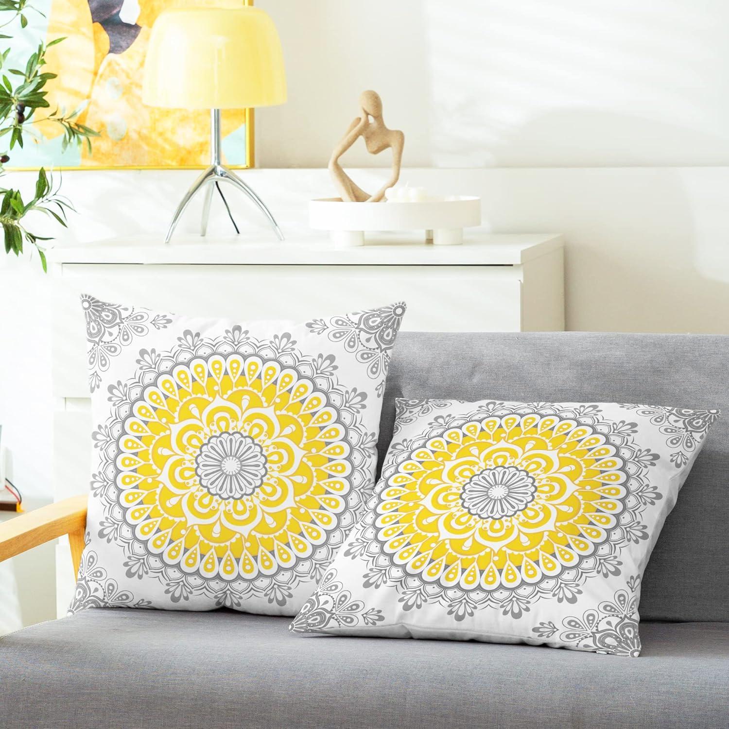 CaliTime Throw Pillow Covers Pack of 2 Cozy Fleece Mandala Dahlia Floral Medallion Compass Style Cushion Cases for Couch Bed Sofa Farmhouse Decoration 18 X 18 Inches Yellow Grey