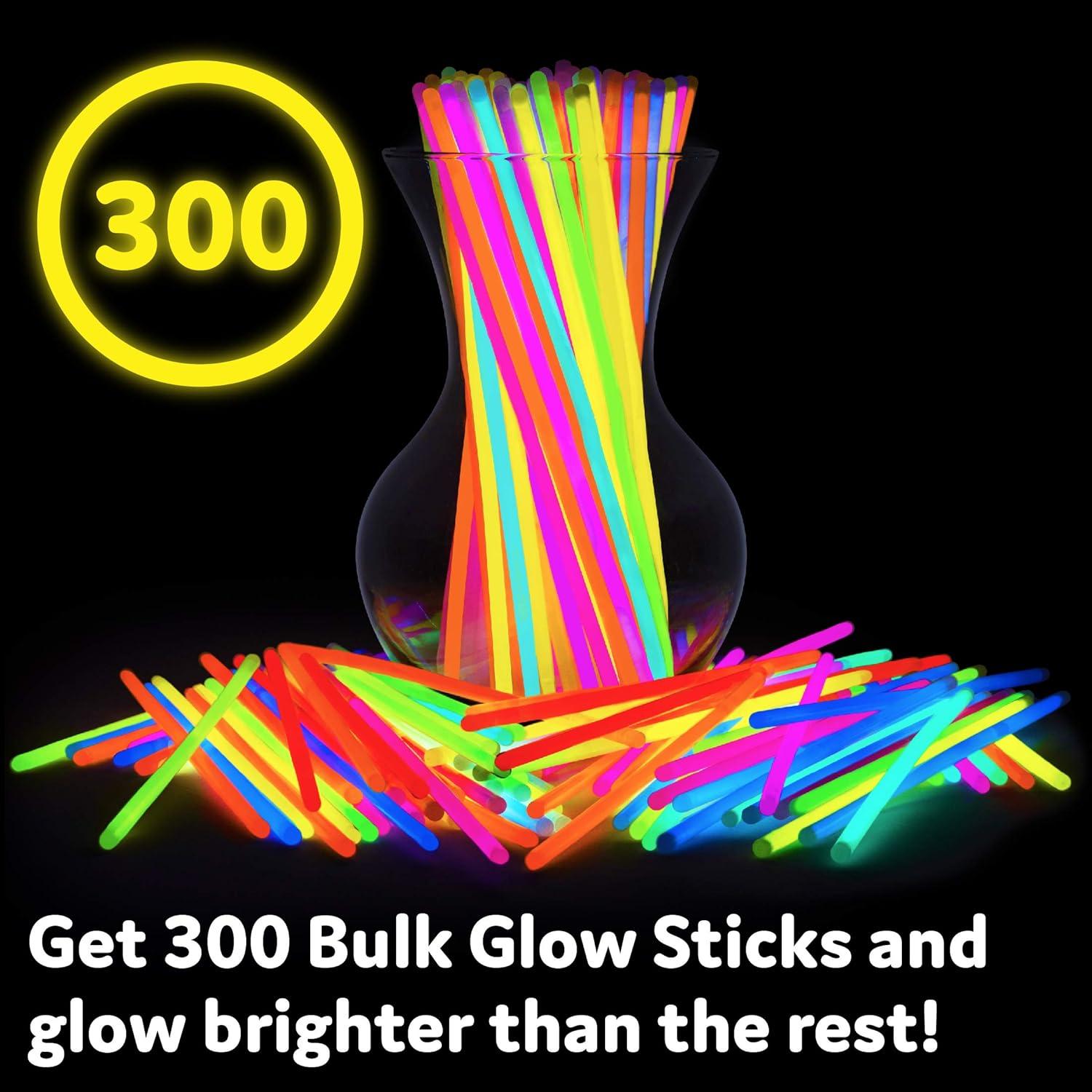 PartySticks 300 Ultra Bright Glow Sticks Jewelry Bulk Party Favors and Connectors - 8" Glow in The Dark Party Supplies, Neon Party Glow Necklaces and Glow Bracelets for Kids and Adults