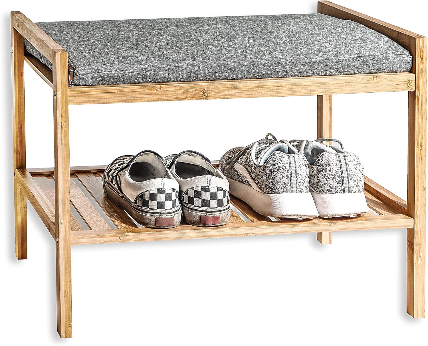 Bamboo Wood Shoe Storage Bench with Gray Cushion