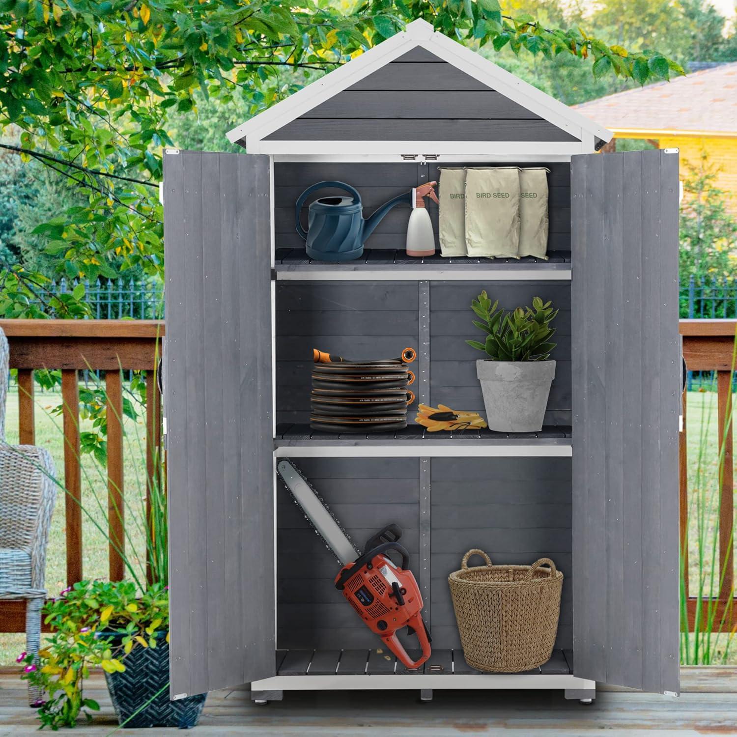 Mcombo  Outdoor Vertical Storage Cabinet Tool Shed with Lockable Double Doors (35.4"x18.9"x70"), Wooden 1000 - N/A Grey