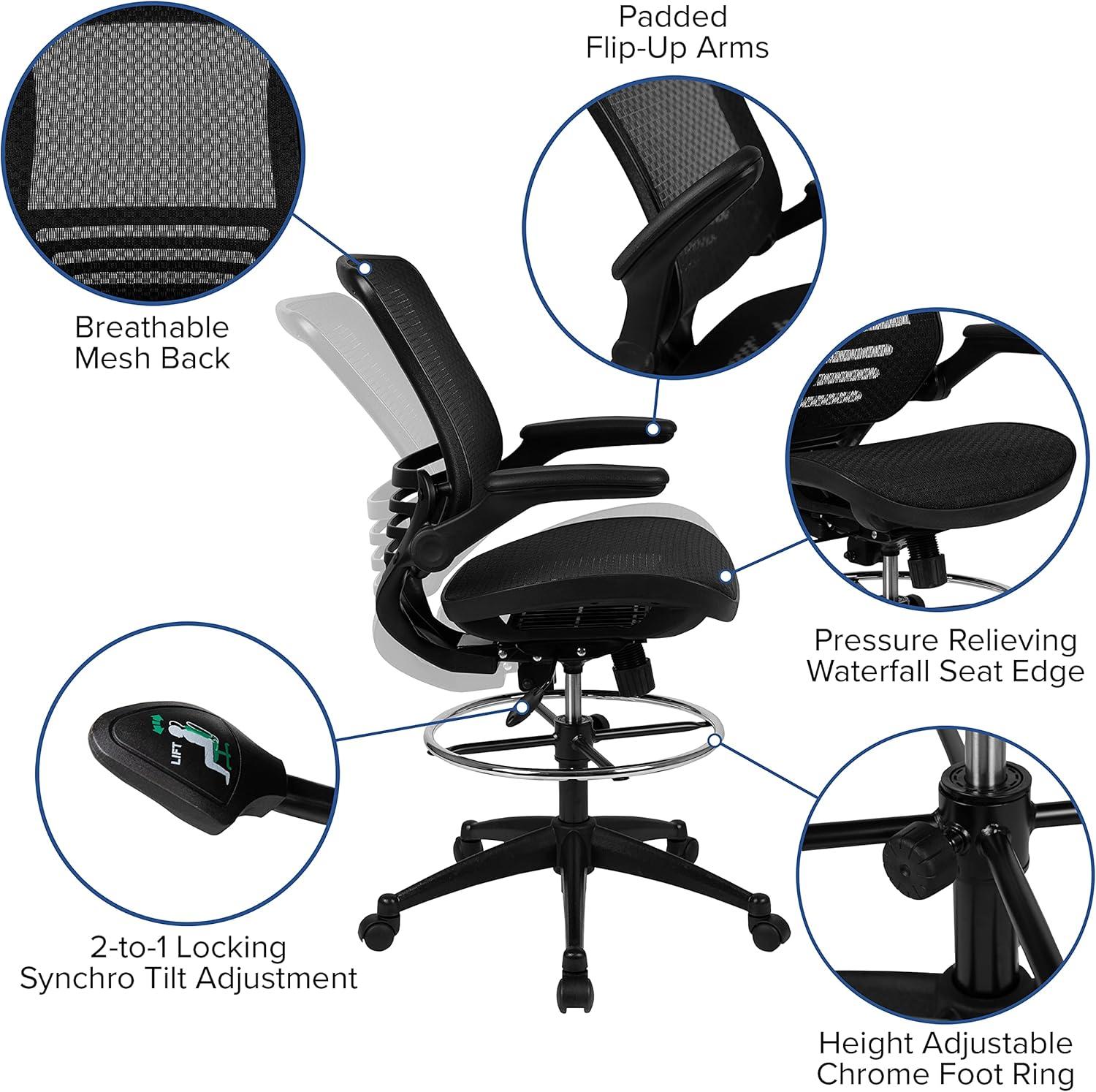 Flash Furniture Mid-Back Transparent Mesh Drafting Chair with Flip-Up Arms