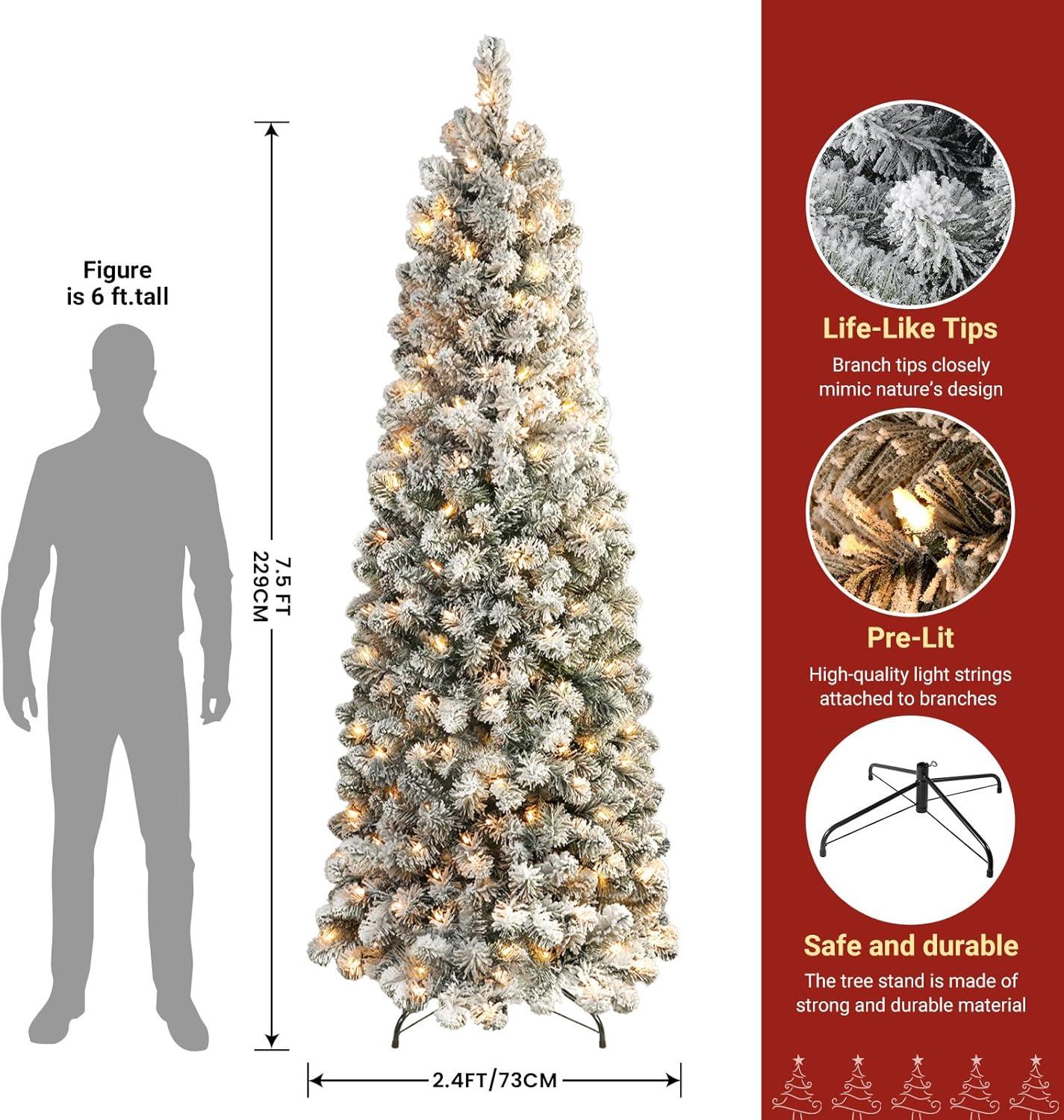 7.5ft Pre-lit Snow-Flocked Kingswood Fir Pencil Artificial Christmas Tree