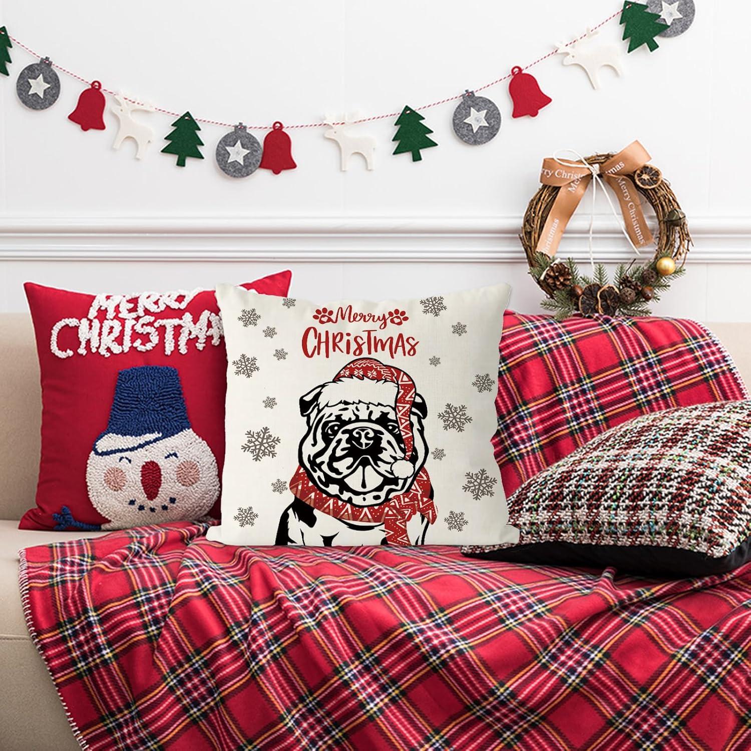 Christmas Pillow Covers 18x18 Inch English Bulldog Dog Throw Pillow Covers Xmas Winter Pillowcase Dog Christmas Decorations for Living Room Farmhouse Cushion Case